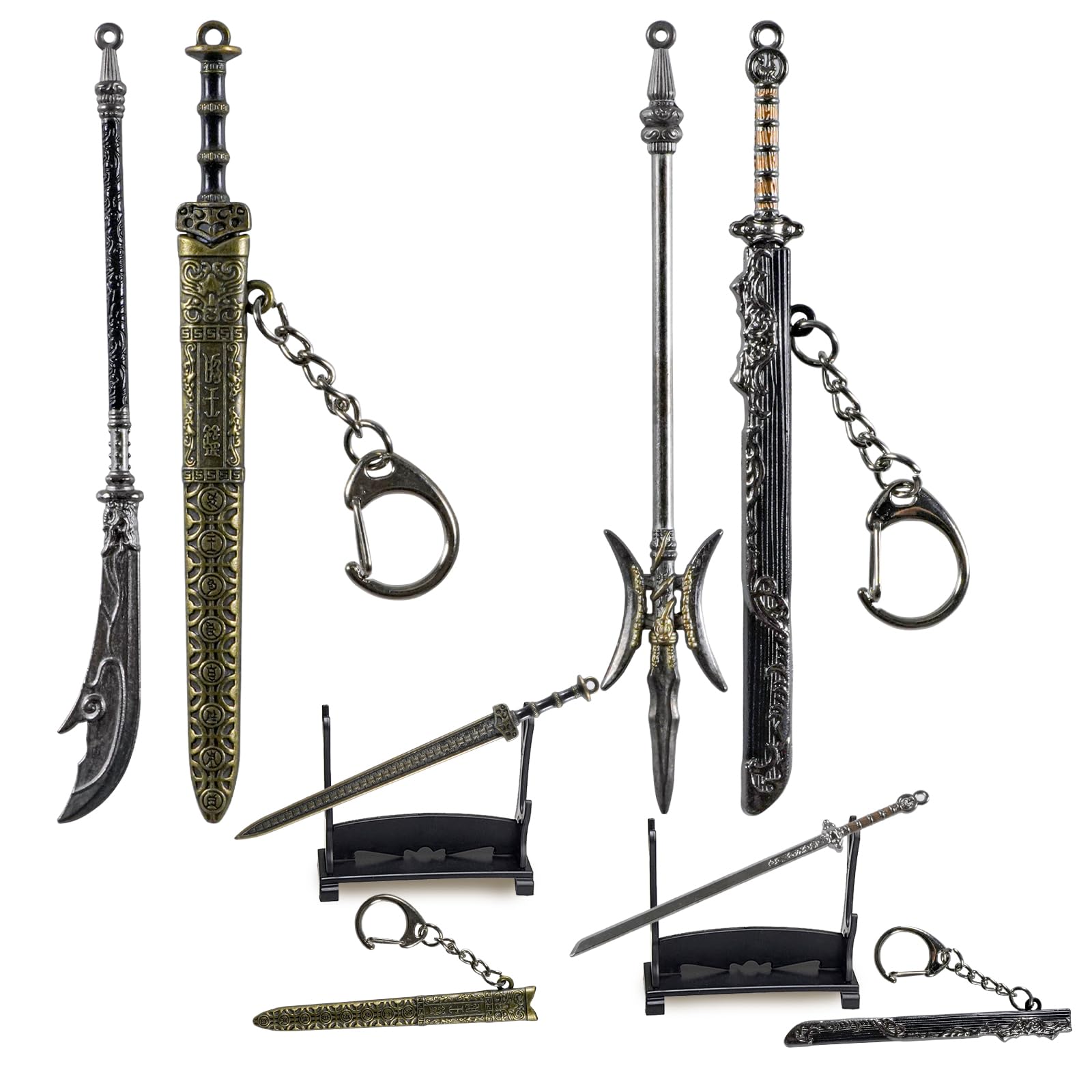 NAESM 4 Pcs Ancient Sword Letter Opener with Sheath and Display Stand, Chinese Ancient Mini Sword Keychain Metal Model, Desk Decorative Letter Opener Sword Backpack Pendant Keychain Gift