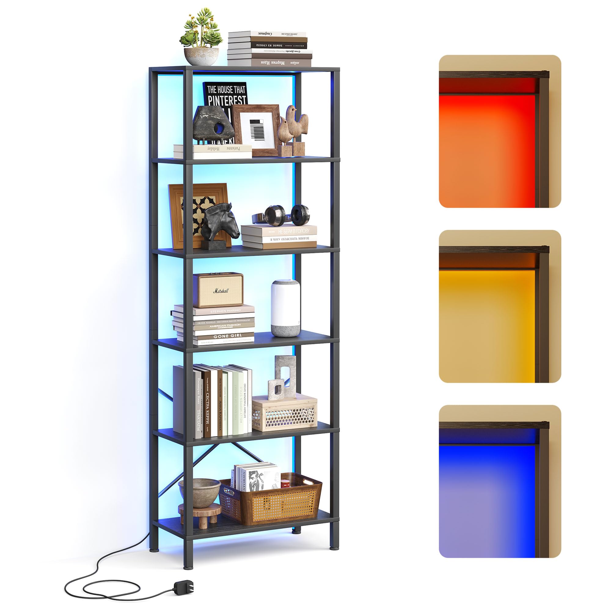 JARHETUN 6-Tier Bookshelf, Tall Bookcase with LED Lights, Book Shelf with Steel Frame, 11.2" x 23.6" x 65.4", Display Storage Shelf for Living Room,