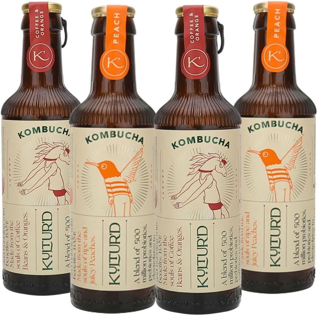 - Kultur'd Kombucha - Peach, Coffee Orange Pack of 4 | Fermented, All natural, Gut Healthy Drink |4 x 220ml | Vegan, Preservative free, Low calorie, Low sugar