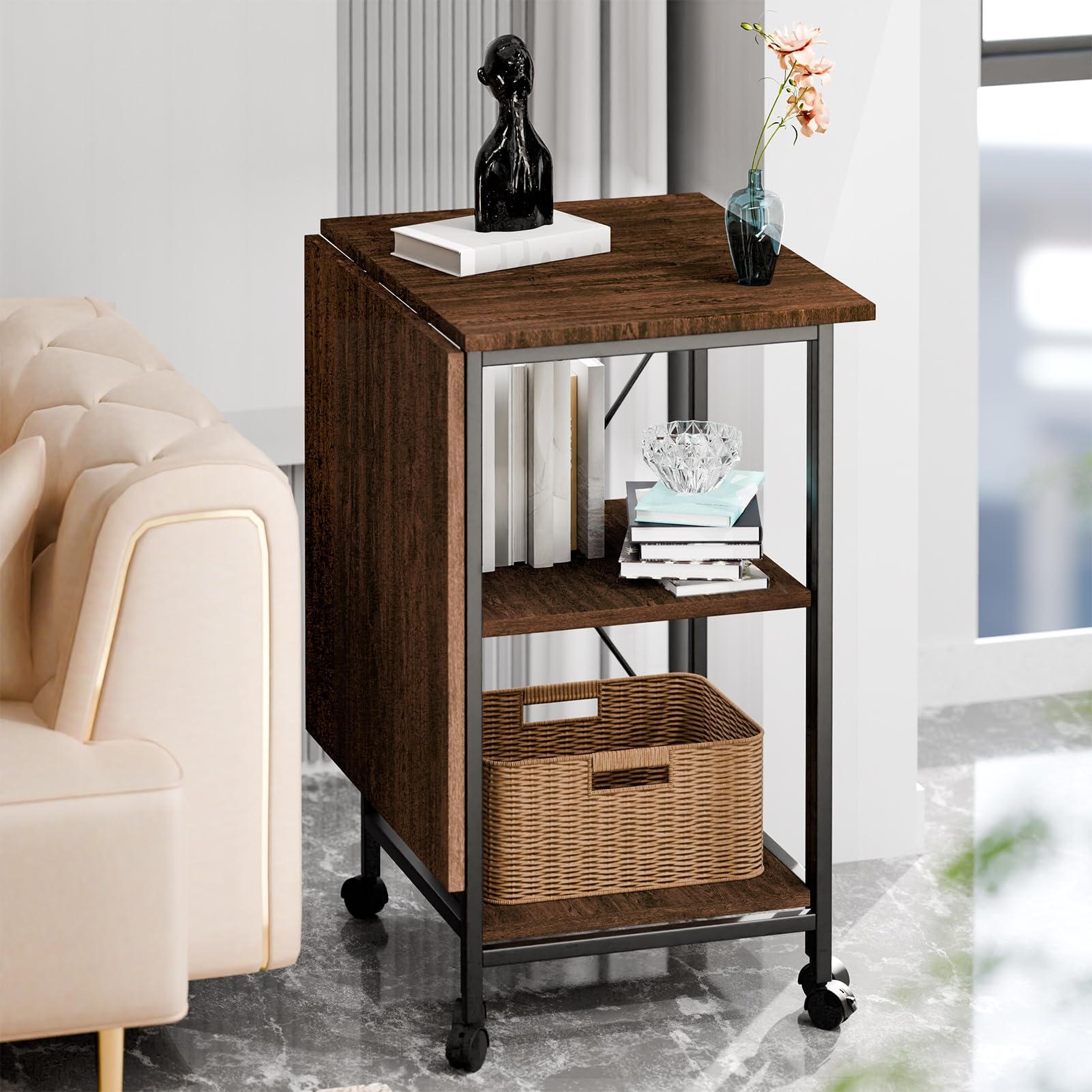 Escritorio de Mesa Plegable Móvil, Sólido para Computadora Con Estantes, Carrito Con Ruedas, Estación de Trabajo, Ahorro de Espacio