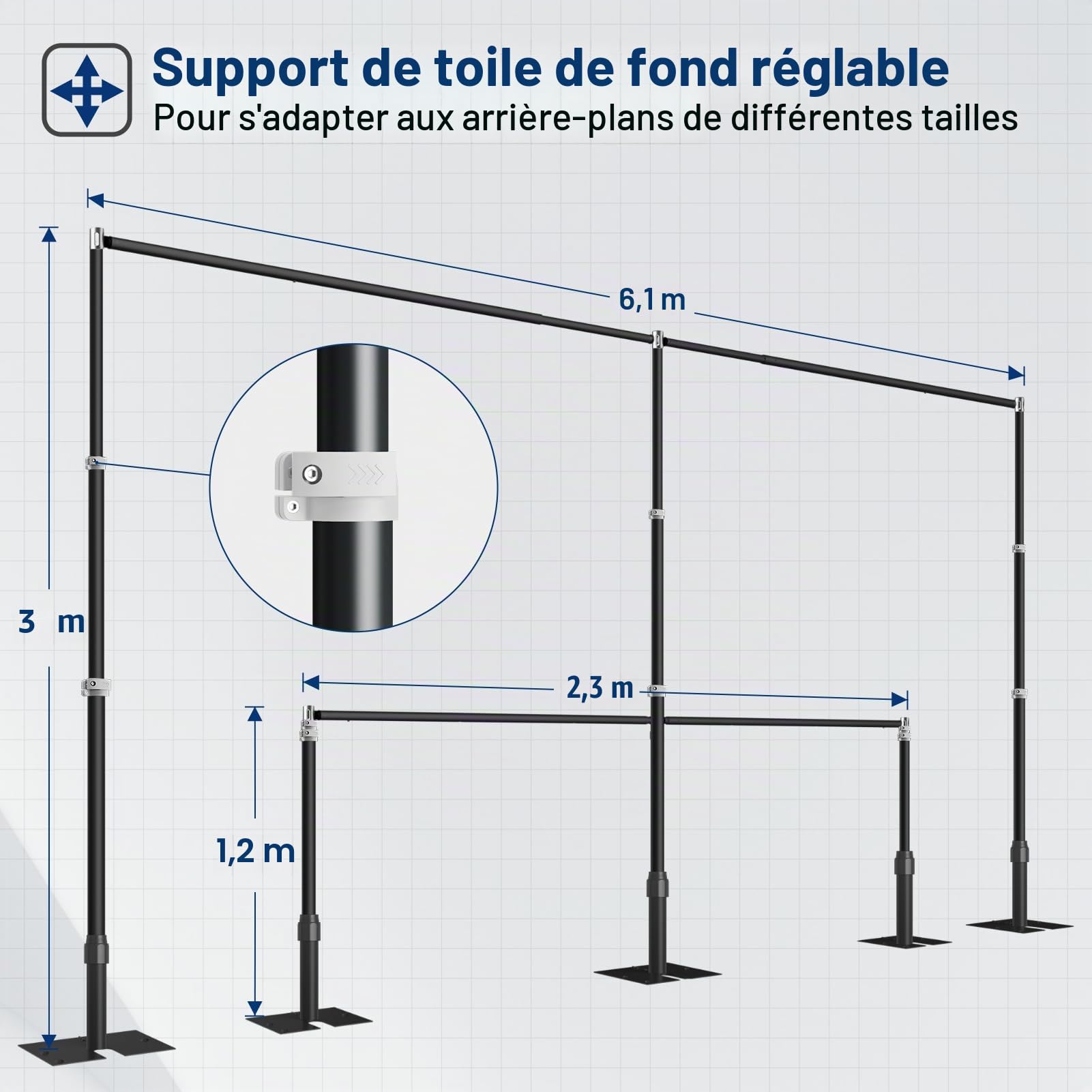 EMART Support de Fond Photo Heavy Duty 3x6M, Tube Crossbar et Drapages Système de Fond, Cadre Métallique Réglable avec Base Plat pour Mariage, Anniversaire Décorations de Fêtes - Noir