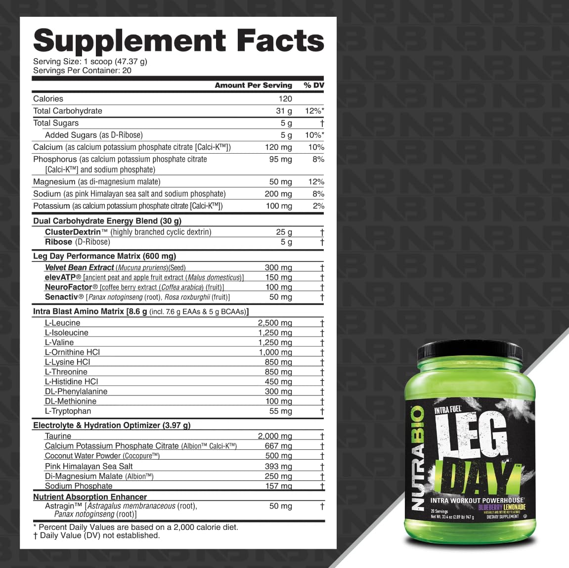 NutraBio Leg Day Intra Workout Powder – Advanced Carb Supplement with Cluster Dextrin & Electrolytes – Carb Powder with EAAs/BCAAs – Cyclic Dextrin for Performance – Blueberry Lemonade, 20 Servings — Amazon image 2