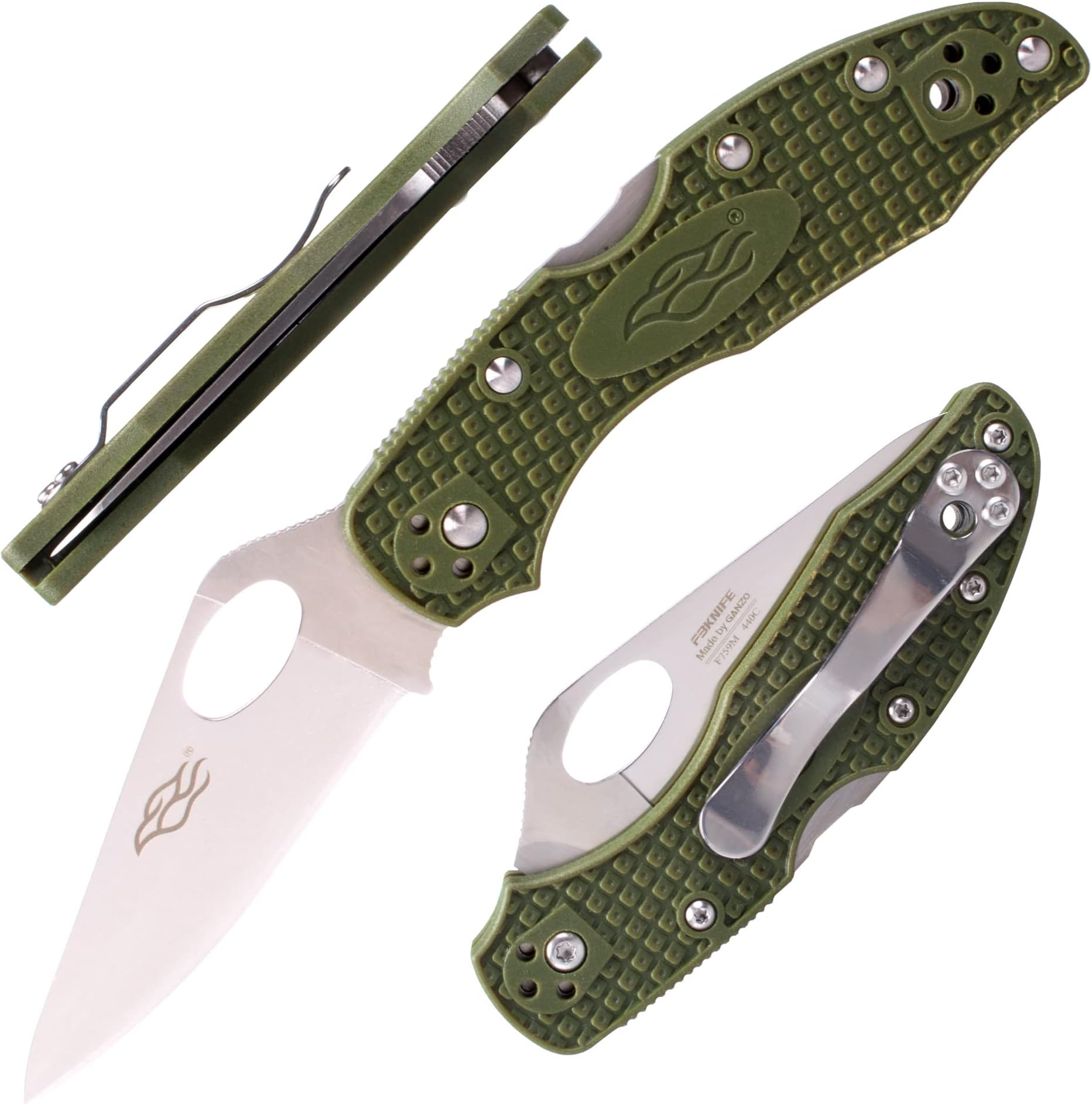 Firebird F759M Pocket Folding Knife 440C Stainless Steel Blade Nylon Glass Fiber Anti-Slip Handle with Clip Tactical Survival Fishing Camping EDC Knife (Green)