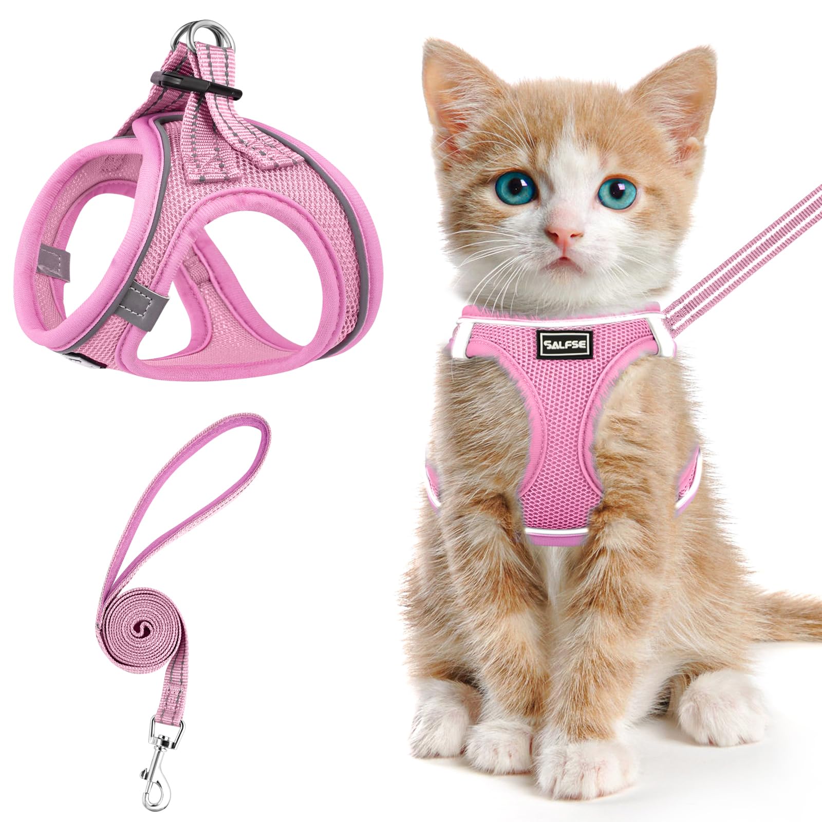 SALFSE Cat Harness and Leash for Walking Escape Proof, Adjustable Kitten Vest Harness Reflective Soft Mesh Puppy Harness for Outdoor, Comfort Fit,