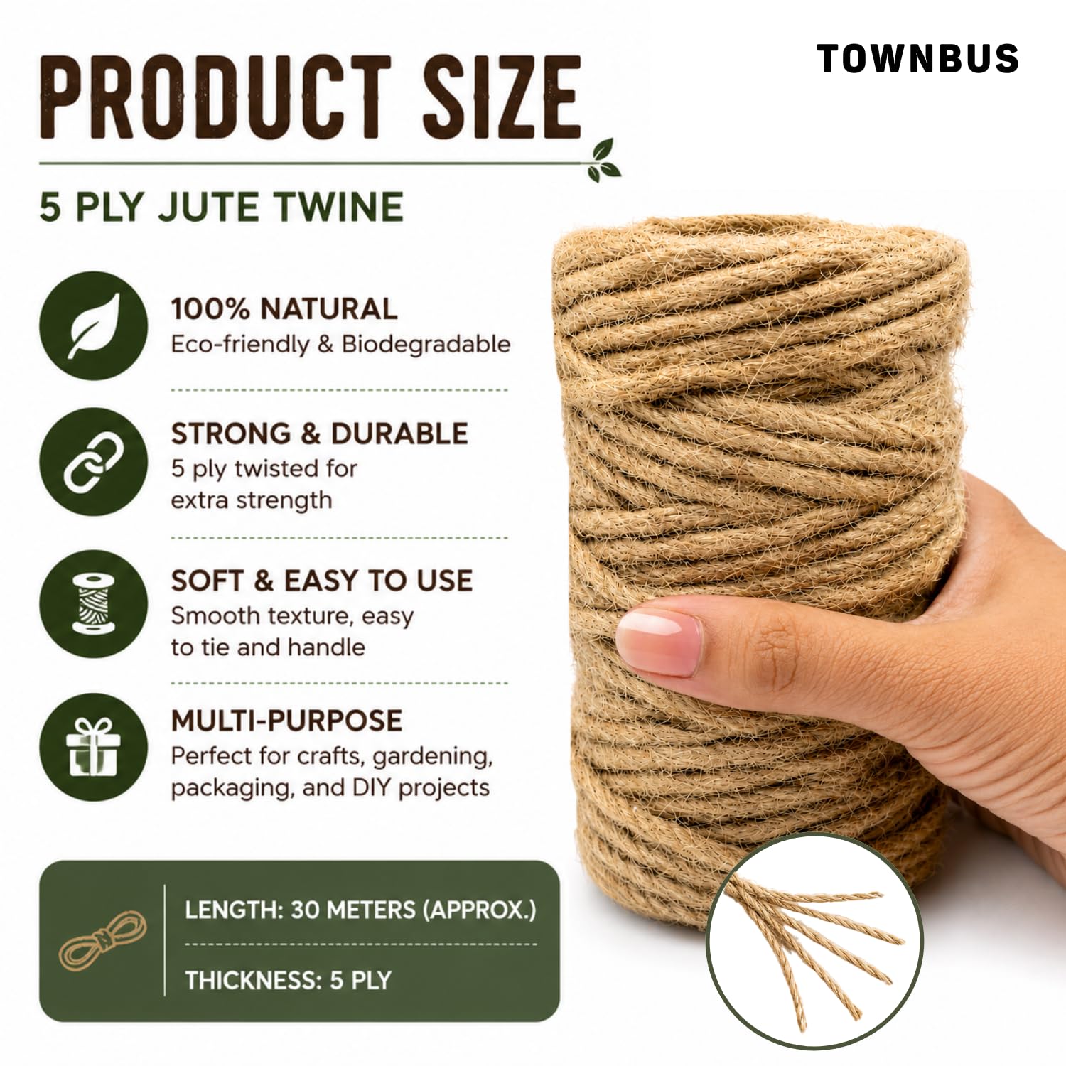 TOWNBUS - 100 Feet / 30 Meters Of 5 Ply Raw Natural Jute Cord | Twine For Arts And Crafts, Packaging Rope, String For Gifts, DIY Crafts, Beige