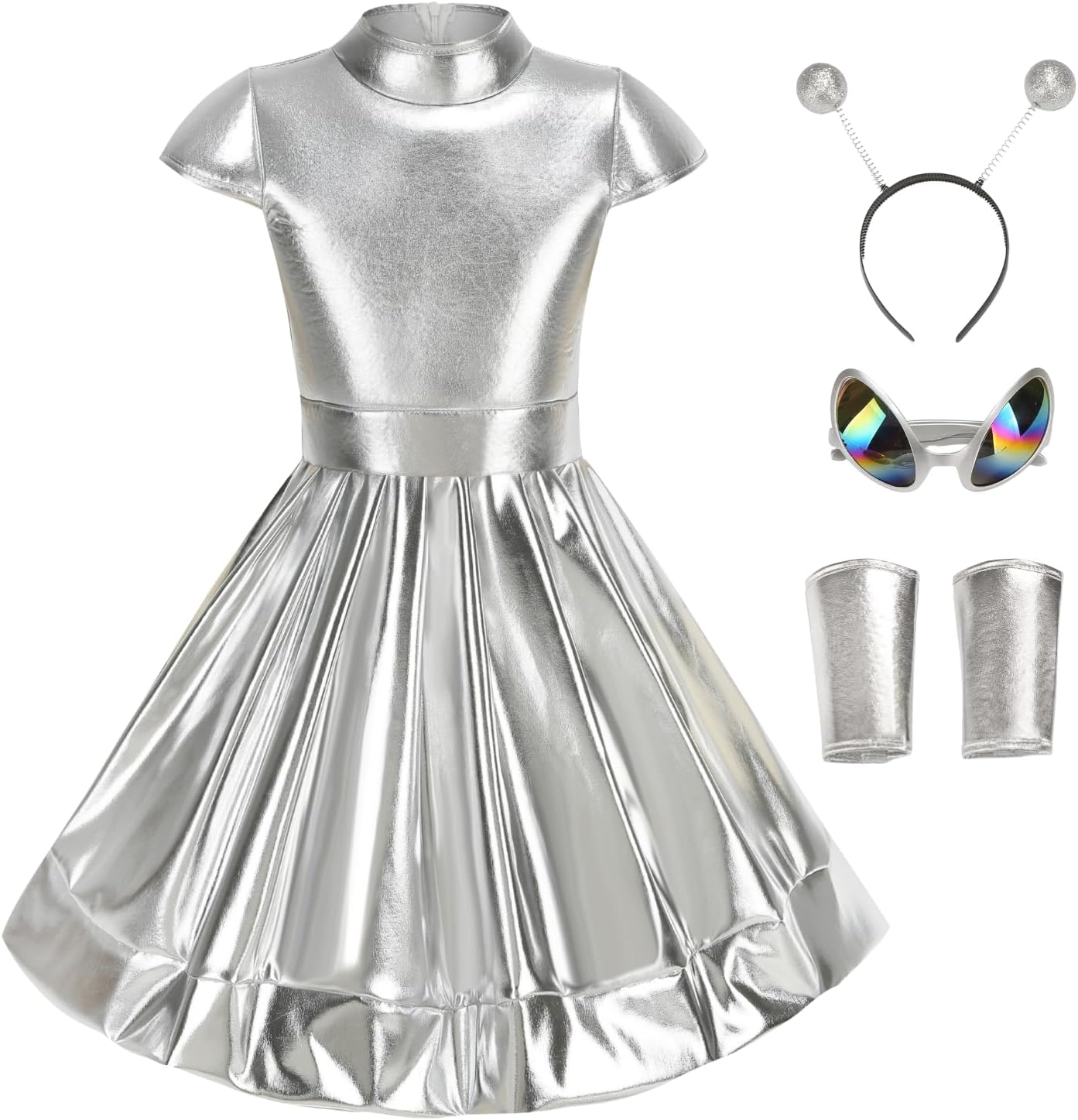 LMYOVE Silver Girls' Alien Party Costume for Kids Girls Halloween Birthday Space Themed Party Cosplay Alien Outfit