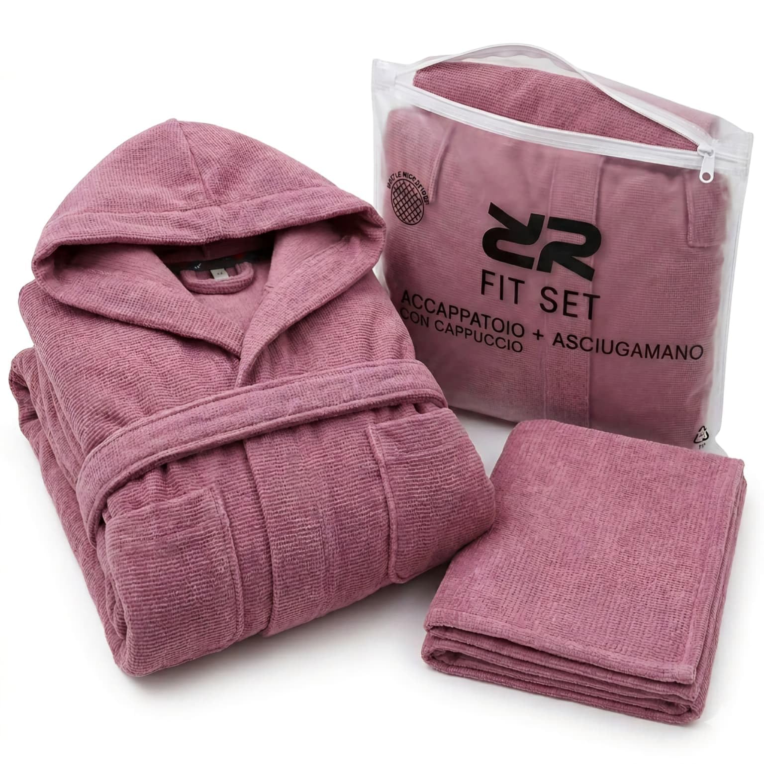 Ensemble peignoir microfibre avec capuche + serviette + sac à main homme femme