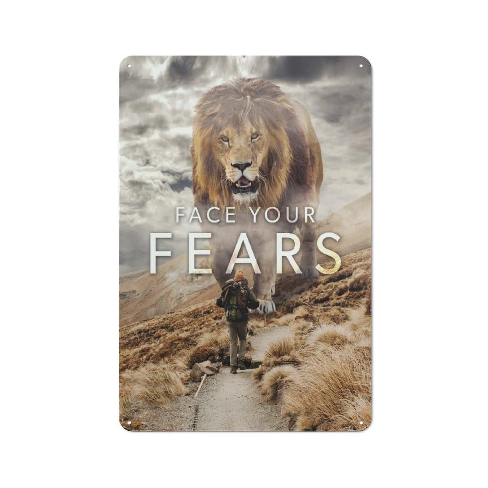 Junmoney Style-9 Tin Wall Plaque 30X20cm With Face Your Fears Vs Lion For Garage Wall, Suited To People Furnishing A Garage