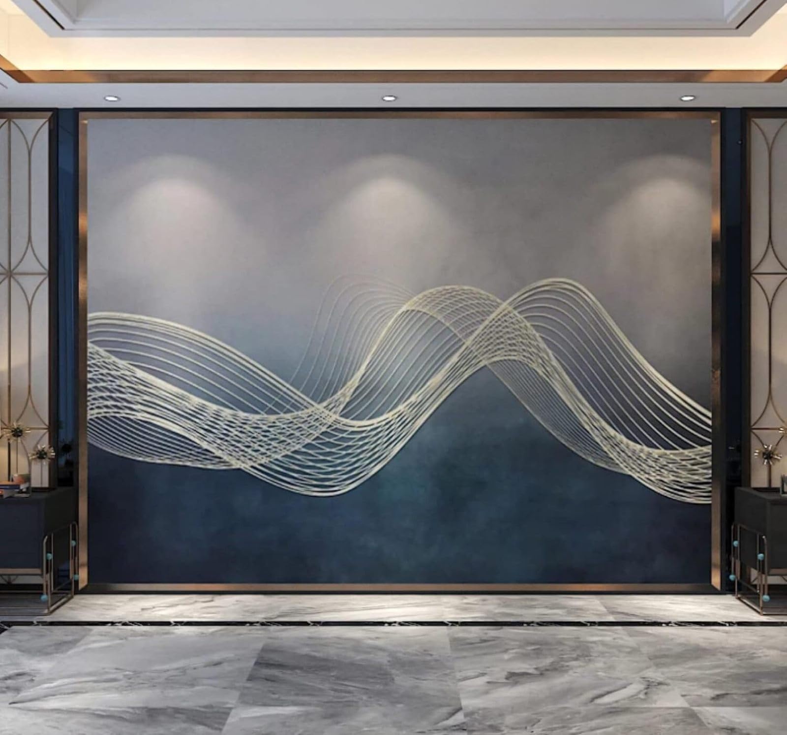 Wallpaper-3D-Xlm 300Cm×210Cm(B×H) Minimalist Blue Vintage Gold Lines 3D Wallpaper Easy Install Feature Office Living Room Sofa Bedroom Tv Background Wall Decoration-300Cm×210Cm