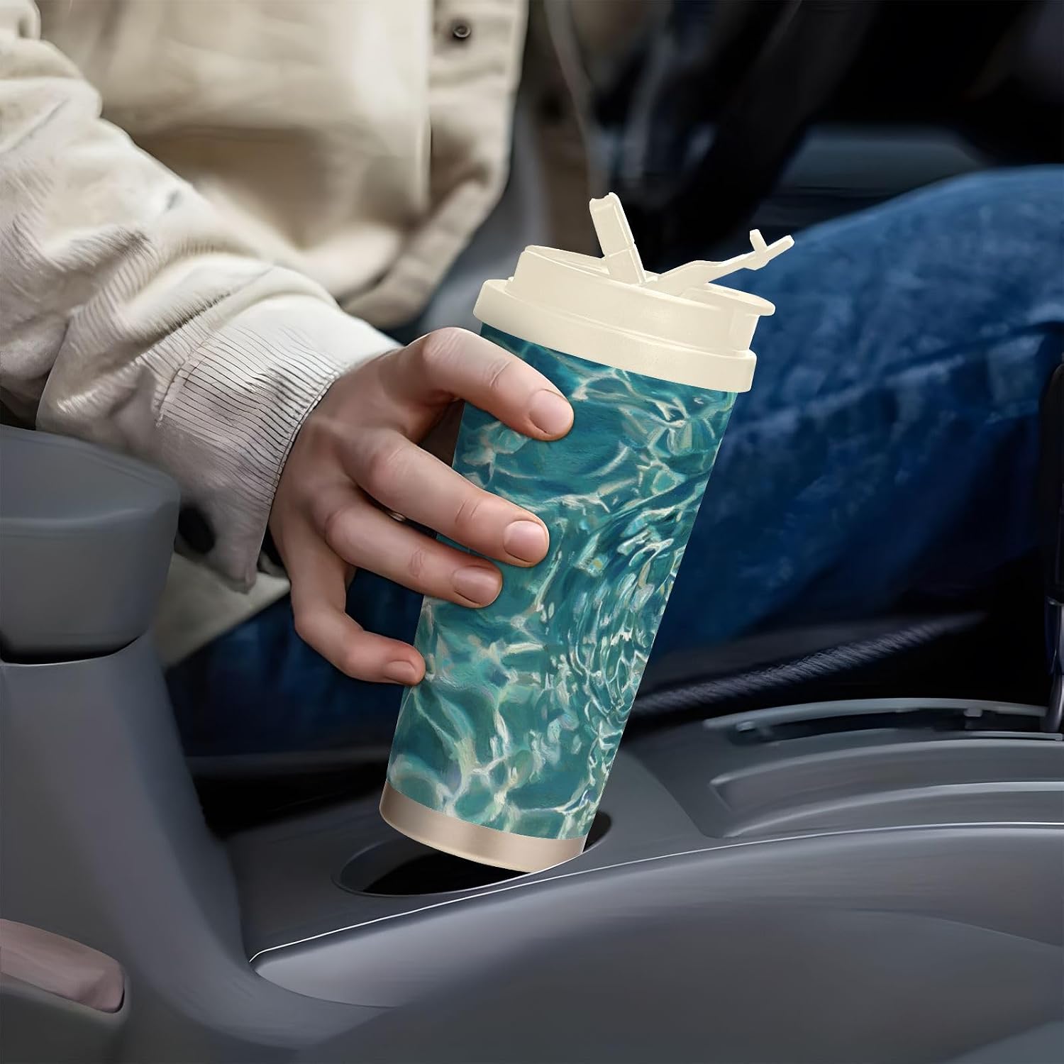 Conch Water Insulated Coffee Mug with Straw & Flip Lid, 16.9oz Iced Tumbler Cup, Double Wall Vacuum Mug for Travel Office