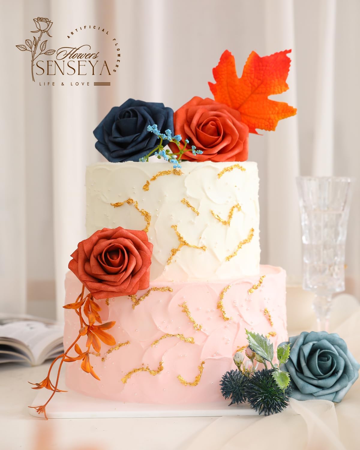 Senseya Artificial Flowers Combo, Teal Orange Silk Roses, Peonies, Dahlias with Stems for DIY Wedding Bouquets, Baby Shower, Table Centerpieces, Home Decor, Fake Floral Arrangements, Party Decorations - Image 7