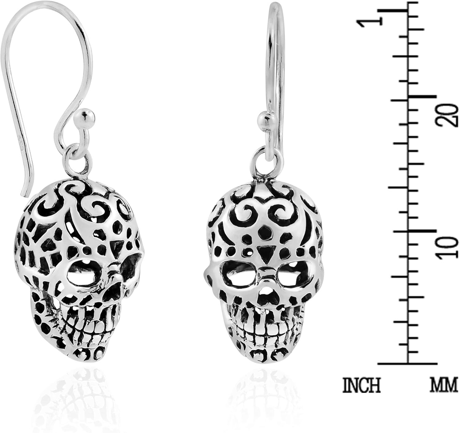 AeraVida Menacing Tattooed Skull with a Unique Pattern .925 Sterling Silver Dangle Earrings | Edgy Skull Design Earrings for Men and Women | Sterling Silver Gothic Jewelry