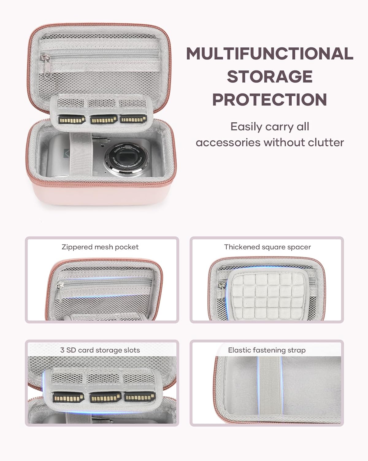 Digital Camera Case Fit for KODAK PIXPRO FZ45/FZ55/ CAMKORY/STUOGYUM DC402-AF/Canon IXUS, Storage Travel Carry Case with 3 SD Card Slots for Camera, Batteries, SD Card, Pink - Image 3
