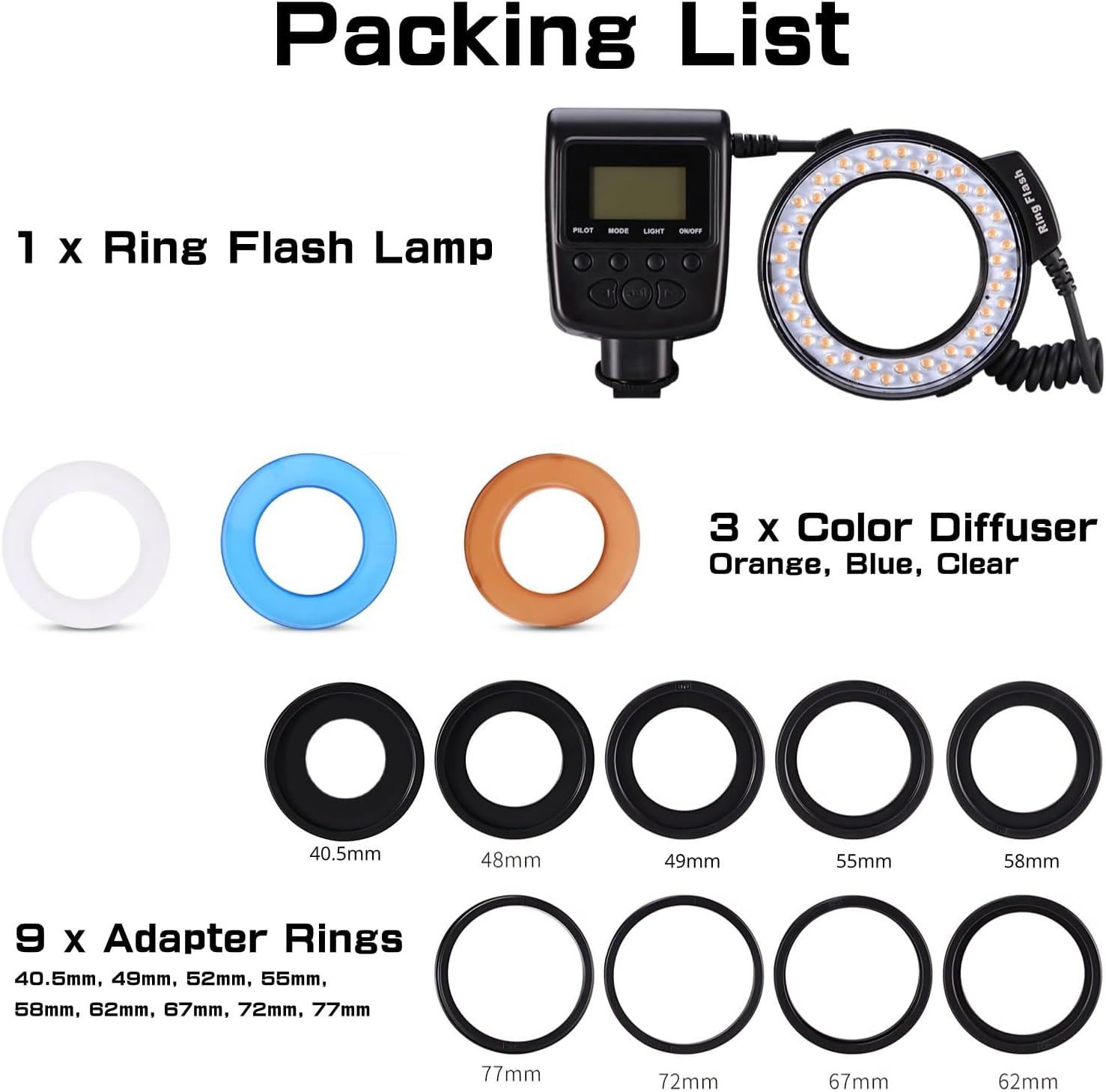 Macro LED Ring Flash, 48pcs LED Beads, 3 Color Diffuser, 9 Adapter Rings, 7 Brightness, 4 Modes, Camera Lens Flash for Fuji Pentax and Other DSLR Cameras