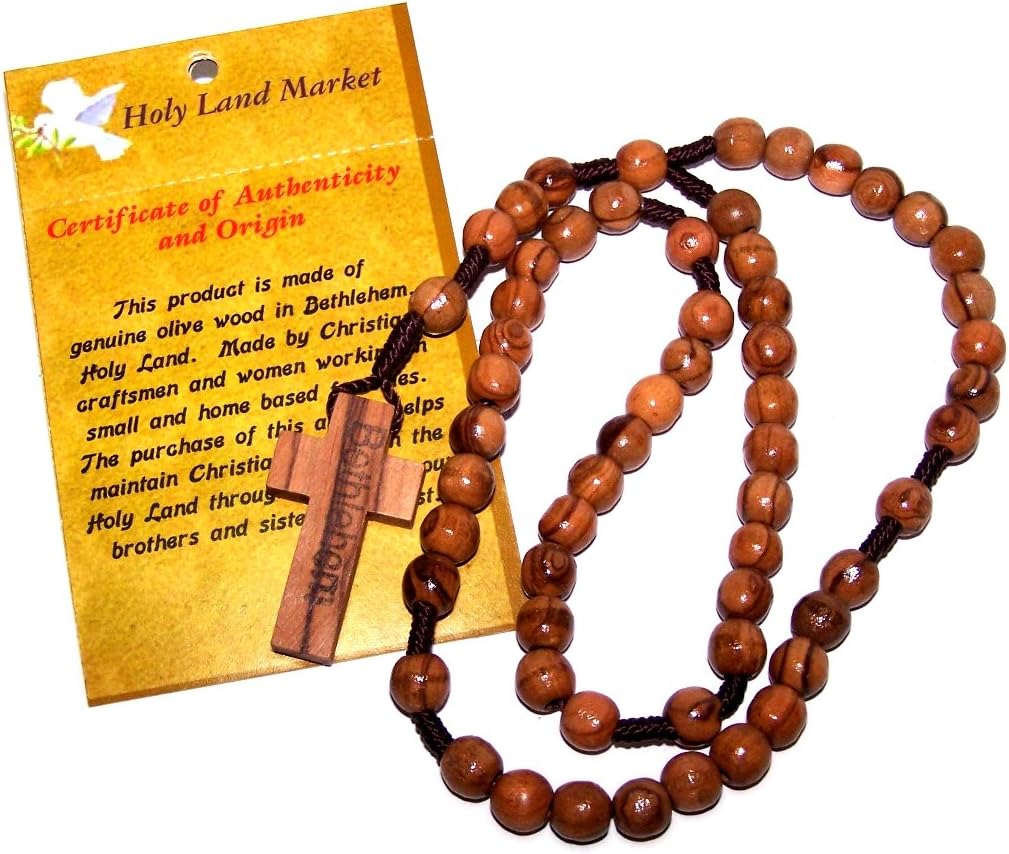 Holy Land Market Catholic Olive Wood Rosary for Men and Women - Hand-Carved Wooden Beads from Bethlehem, with Certificate & Lord's Prayer Card, Corded Rosary best for First Communion or Confirmation