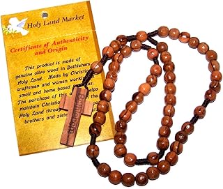Holy Land Market Catholic Olive Wood Rosary for Men and Women - Hand-Carved Wooden Beads from Bethlehem, with Certificate & Lord's Prayer Card, Corded Rosary best for First Communion or Confirmation