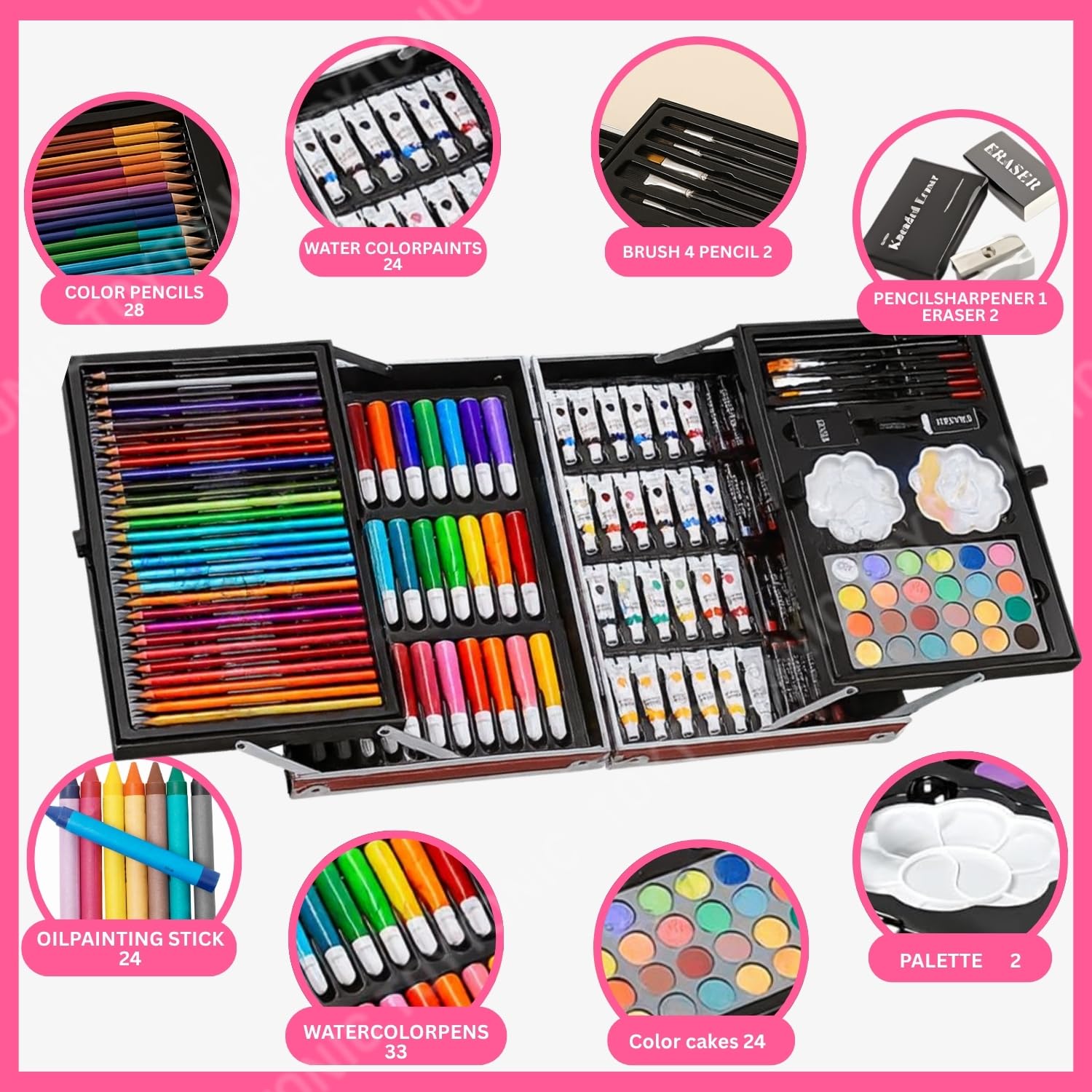 TOYTONIC 145 Pieces Art Set for Kids | Drawing & Colouring Kit with Oil Pastels, Watercolors, Color Pencils & Sketch Pens in Carry Case (Unicorn Theme)