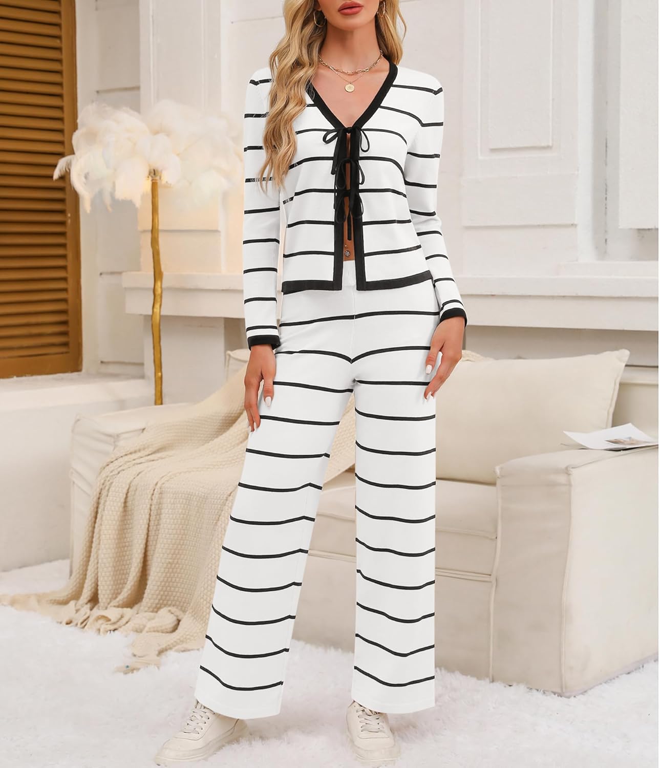Women's Striped Knit Two Piece Set Tie Front V-Neck Crop Top & Wide Leg Pants Lounge Set Comfy Fall Outfits - Image 6
