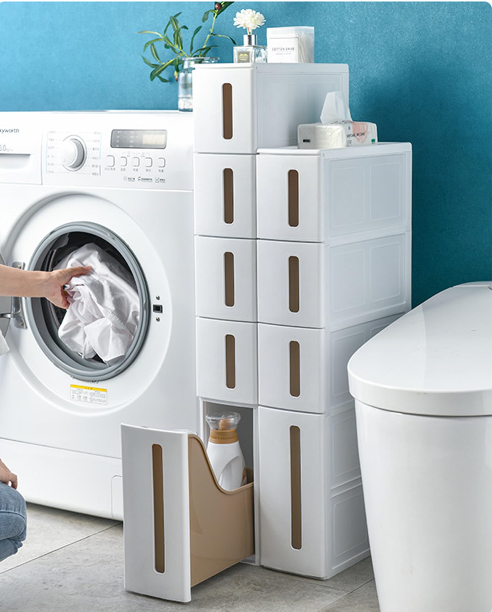 Cassettiera verticale stretta a 5 livelli con ruote e cassetti, sottile nizer da bagno per piccoli spazi, soluzione salvaspazio a torre