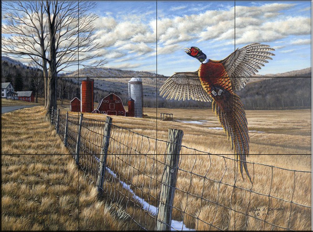 FlekmanArt Pheasant In Snow Tile Mural – Marble Ceramic For Kitchen Or Shower