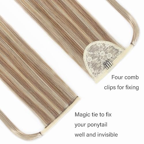Vista 7 de Extensión de cola de caballo de cabello humano 100% real Remy, cabello humano Remy envolvente, cola de caballo larga y lacia, extensiones de cabello