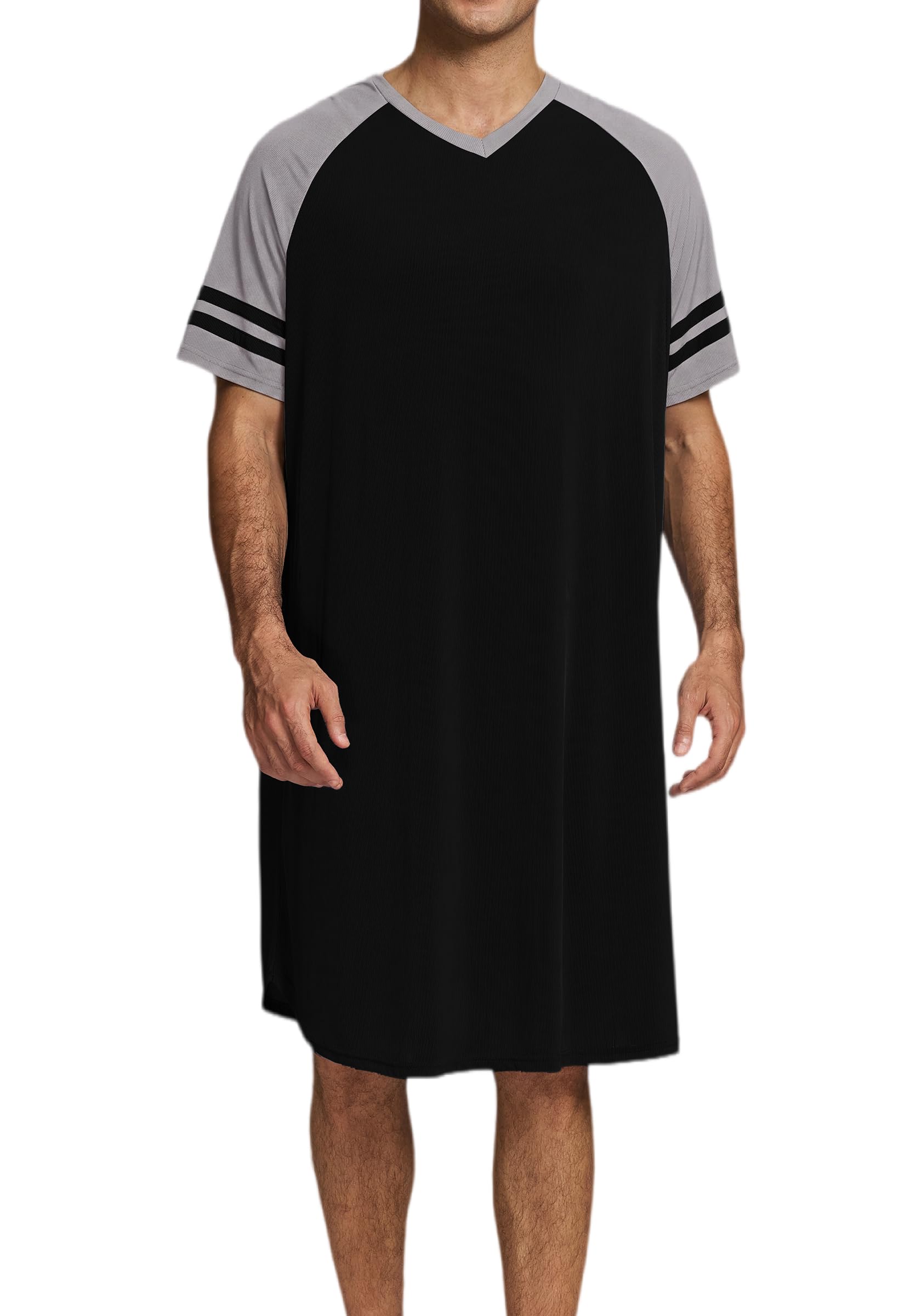 Chemise de Nuit Homme Hauts de Pyjama Tee-Shirt Longueur Genou Col V Manches Courtes Vêtements d'Intérieur Douce Confortable Grande Taille M-4XL