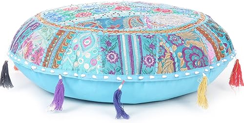 Miniatura 10 de Mam Treasures - Funda de cojín decorativa redonda colorida de retazos para meditación, cojín de meditación, acento bohemio, funda india hecha a mano