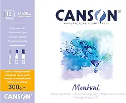 CANSON Montval, Bloco Colado por 1 Lado de Papel para Aquarela, Grão Fino, Tamanho 18x25cm com 12 Folhas, Gramatura 300 g/m²
