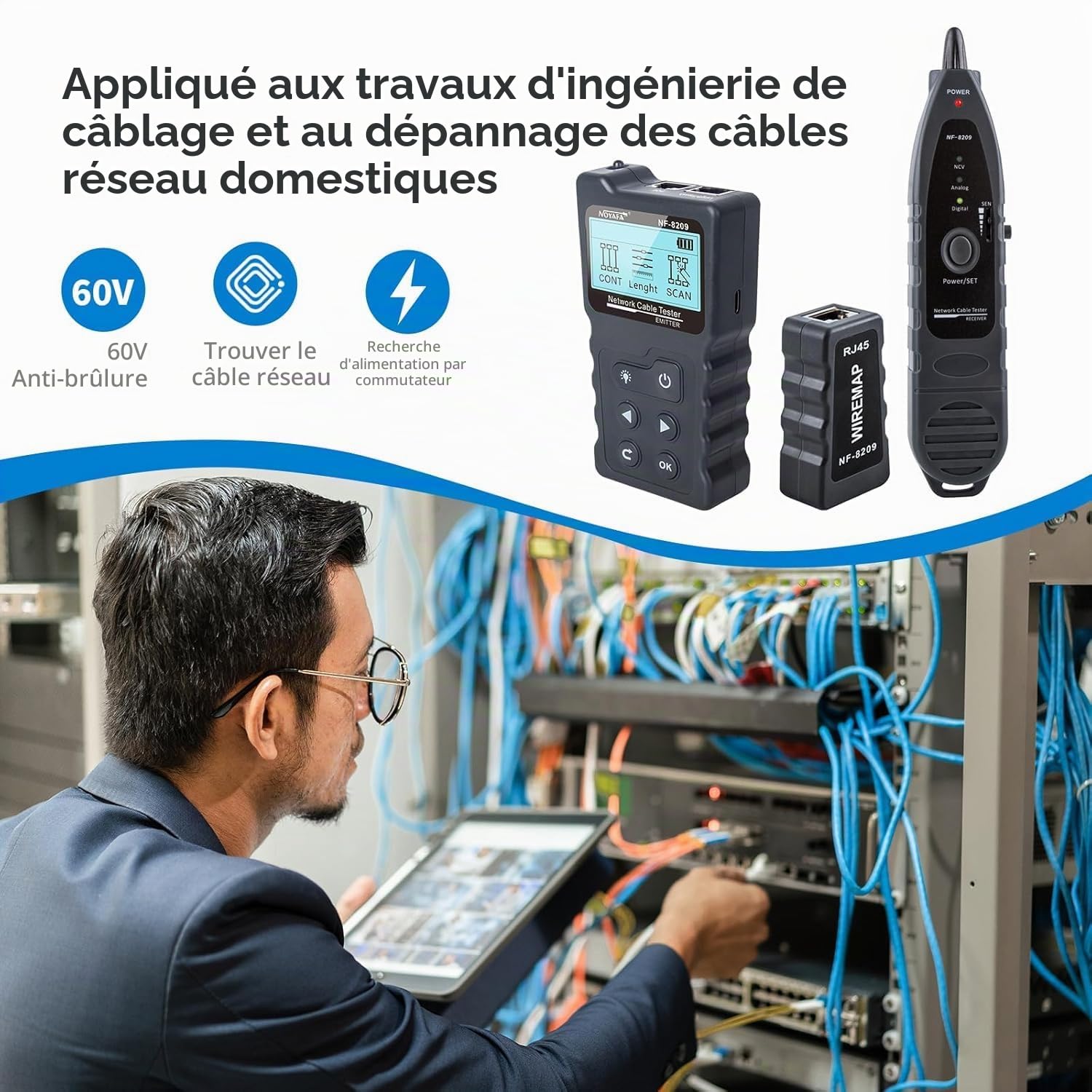 NOYAFA Testeur de câble avancé avec tracker de fil PoE multifonction câble de réseau testeur de câble pour te toner, kit d'outils avec sac sonde audio pour LAN CAT5 CAT6 Tracker