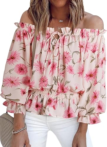BLENCOT Blusas de verano sexy con hombros descubiertos para mujer, mangas con volantes estilo bohemio, camisas de gasa floral