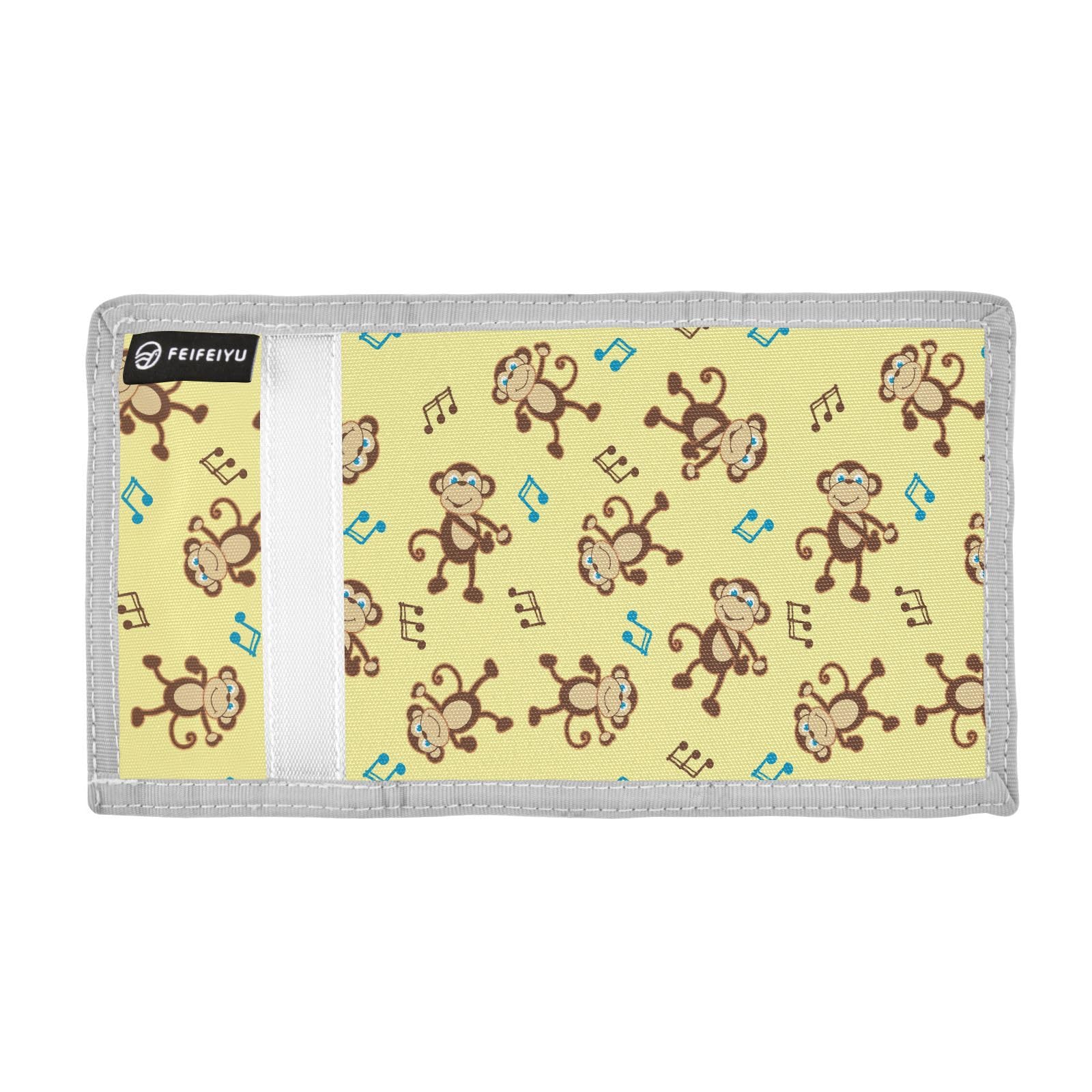 JHKKU Monkey Music Notes Kids Wallet for Boys Girls, Teen Canvas Trifold Purse with Zipper Coin Pocket
