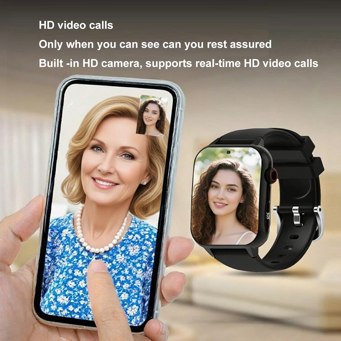 Orologio Salvavita Per Anziani, Con Rilevamento Delle Cadute, Videochiamata HD E GPS SOS, Per Alzheimer, Smartwatch Da Polso Per AnzianiBlack,1.96 * 1.57 inch