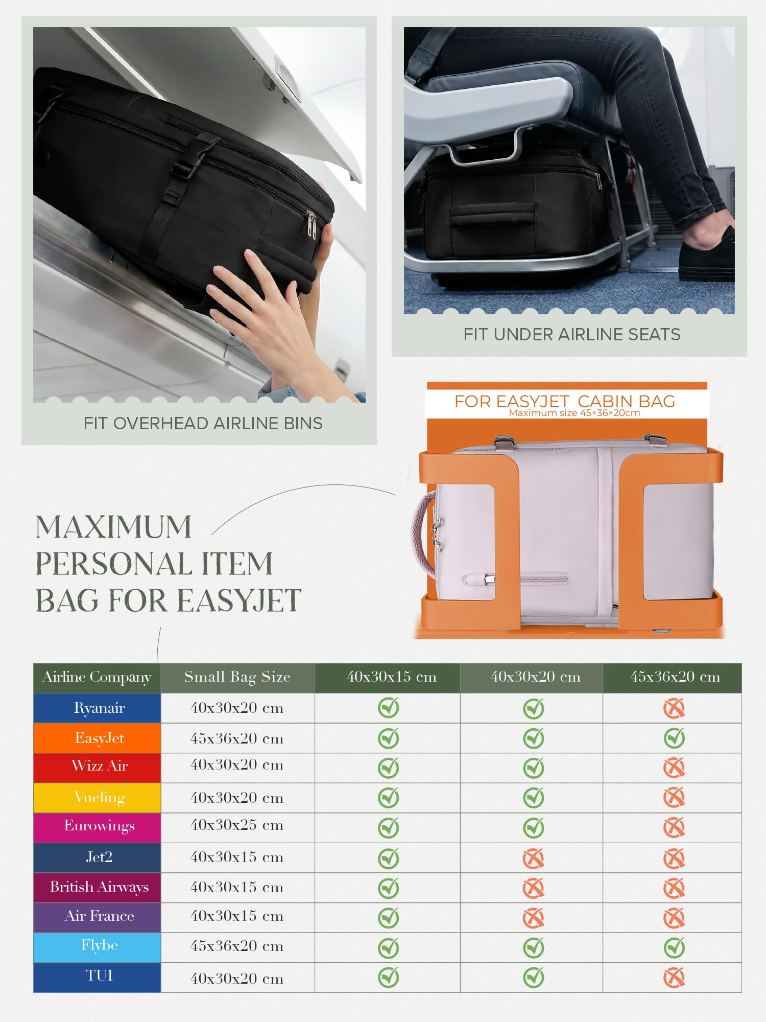 Hayayu Bagaż kabinowy 40 x 20 x 25 do kabiny Ryanair, plecak podróżny do kabiny Wizzair, torba 40 x 30 x 20, torba kabinowa, samolot, torba sportowa, torba weekendowa, torba podróżna, krótkie