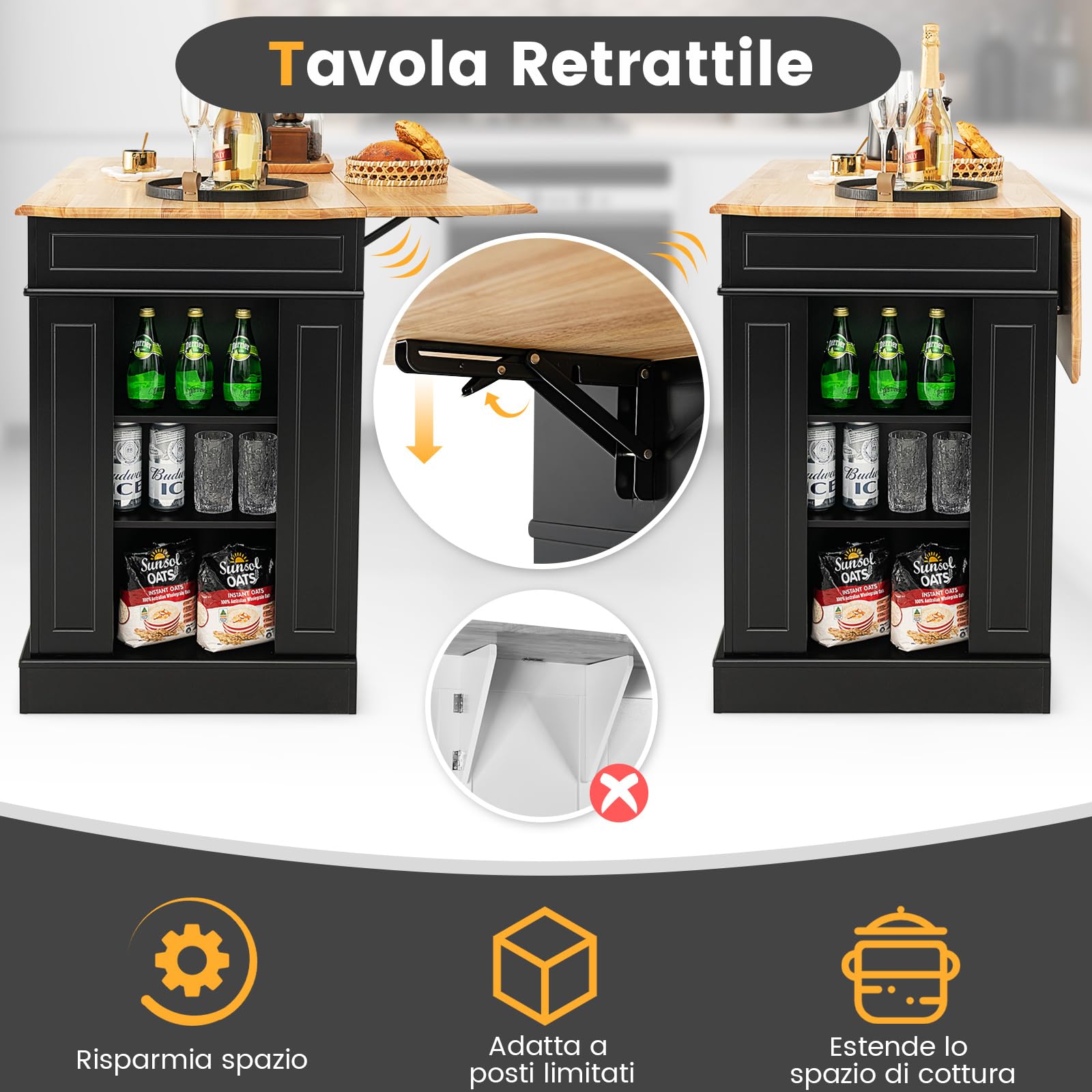 COSTWAY Credenza da Cucina in Legno, Isola da Cucina con Contenitore, con Ripiani Regolabili a 3 Livelli, 120 x 61 x 92 cm, Carico 200 kg (Nero)