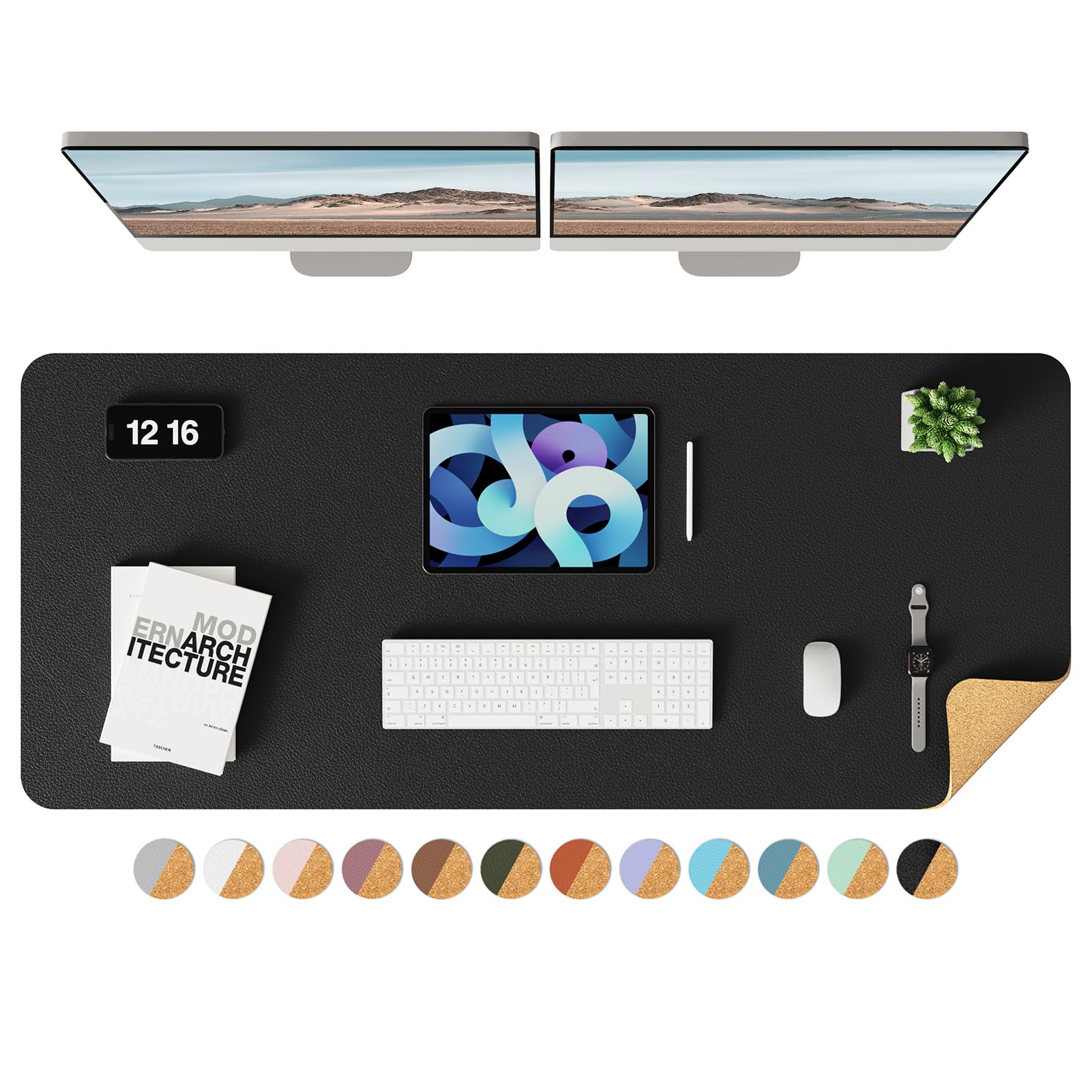 YSAGi Double-Sided Desk Pad, Leather Desk Mat, Eco Cork Desk Pad Protector, Large Mouse Pad for Desk, Waterproof Desk Blotter Pad, Desk Writing Pad for Office Work/Home (Black+Cork, 47.2" x 17") Black+cork 47.2" x 17"