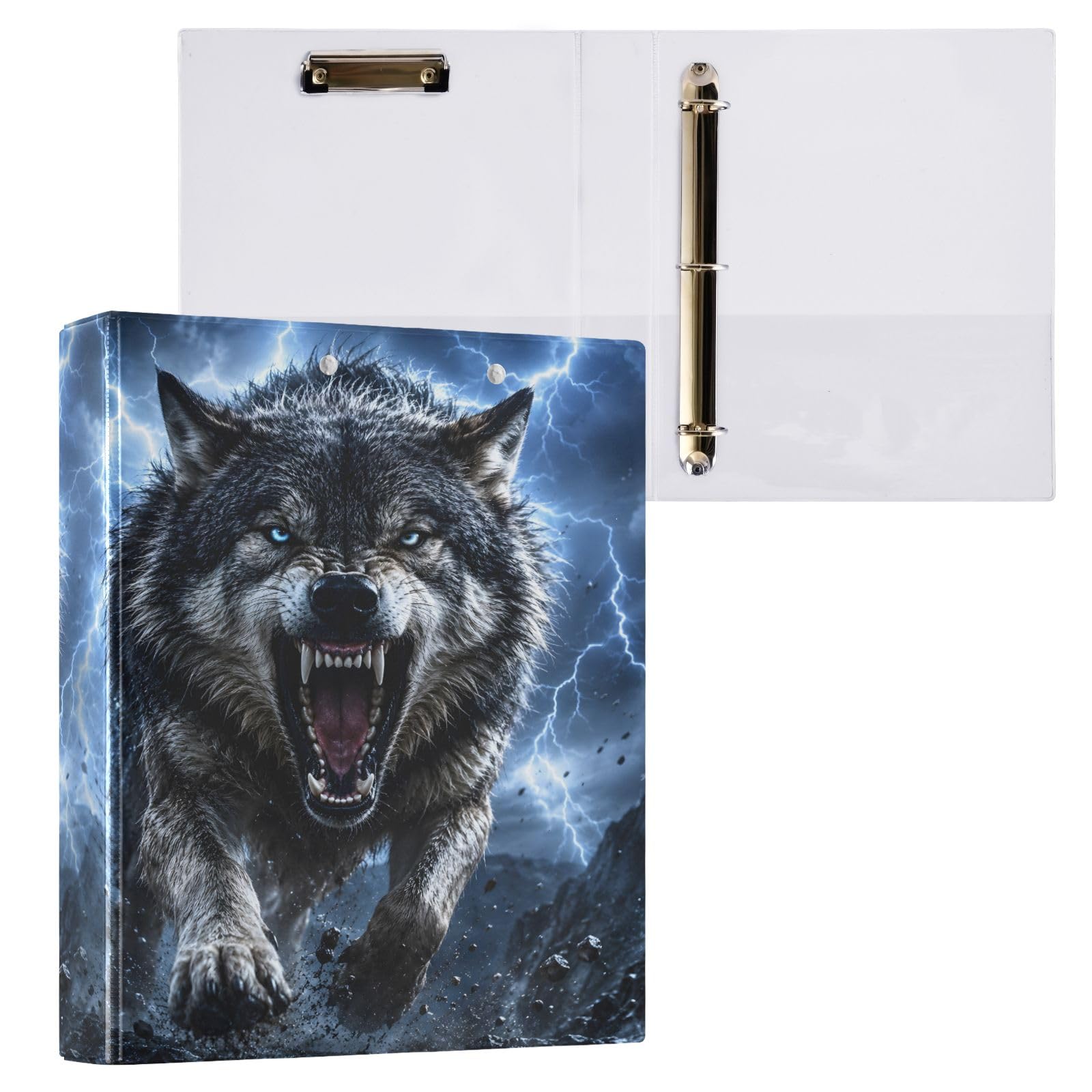 Raccoglitore a 3 anelli, motivo: lupo grigio, 3,8 cm, contiene 200 fogli, 3 raccoglitori ad anelli con clip in metallo antiscivolo