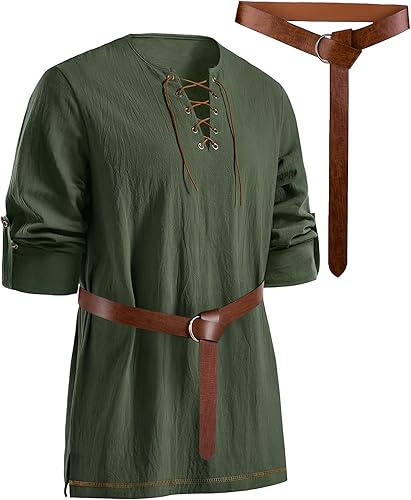 Camisa de pirata para hombre, de algodón y lino, de manga larga, con cordones, camisa renacentista, disfraz medieval con cinturón para Halloween