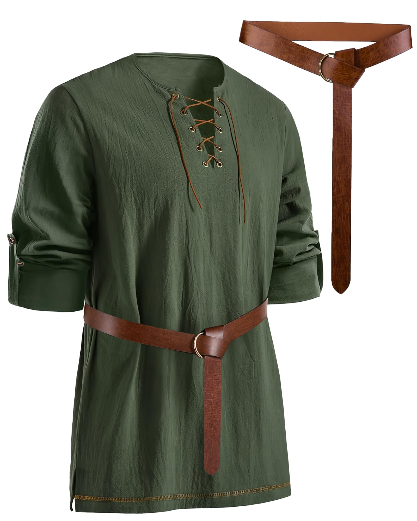 Mens Pirate Shirt Cotton Linen Long Sleeve Lace Up Renaissance Shirt Medieval Costume Men with Belt for Halloween