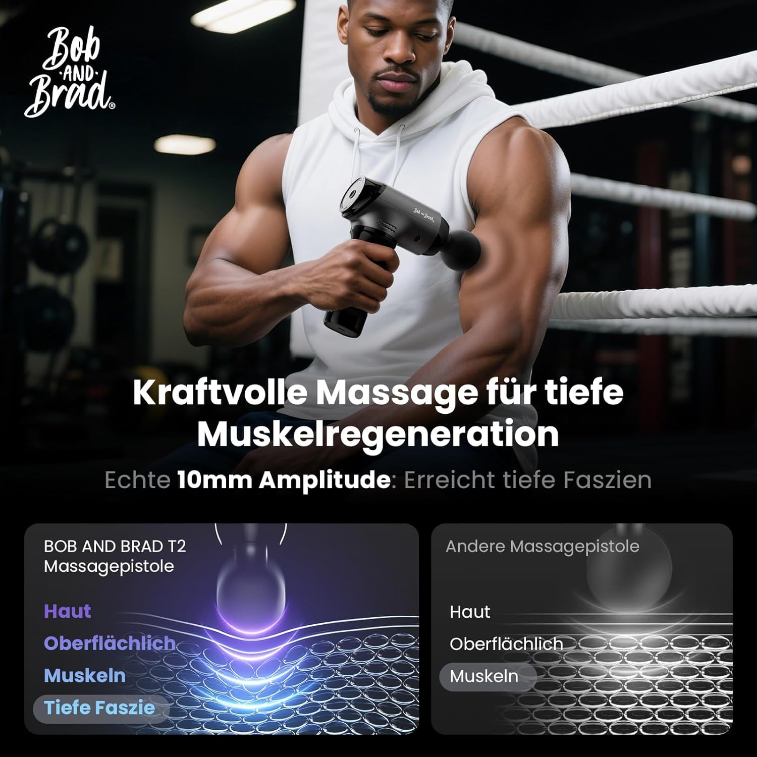 Bob and Brad T2 Massagepistole, Muskel Massagegerät with 4000-mAh-Akku, 3200rpm und 10 mm Amplitude, Perkussions Massage Pistole mit USB-C-Ladung, Geschenk für Männer und Frauen