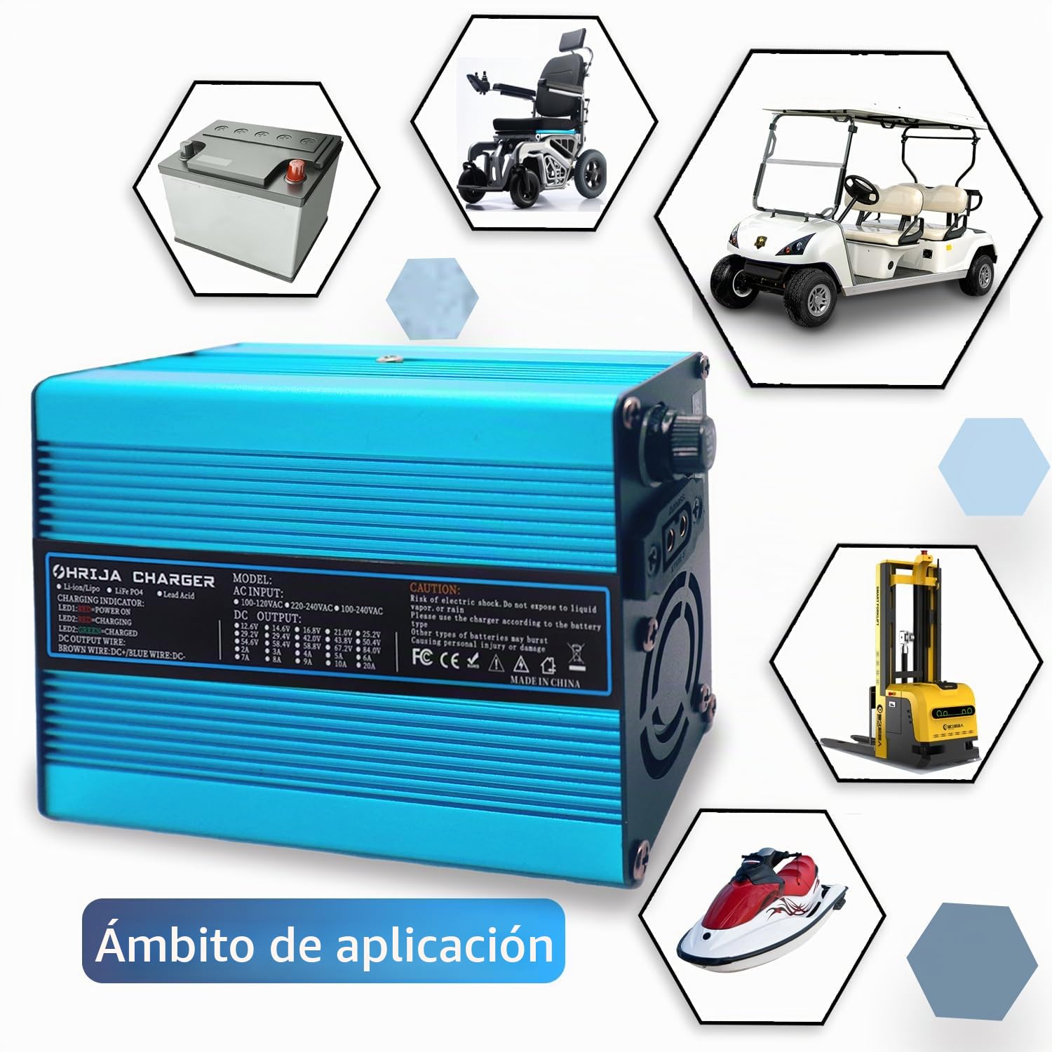 Cargador de batería LiFePO4 de 14,6 V y 10 A, Compatible con Carga rápida, Aspecto Azul y Conector de Pinza de cocodrilo