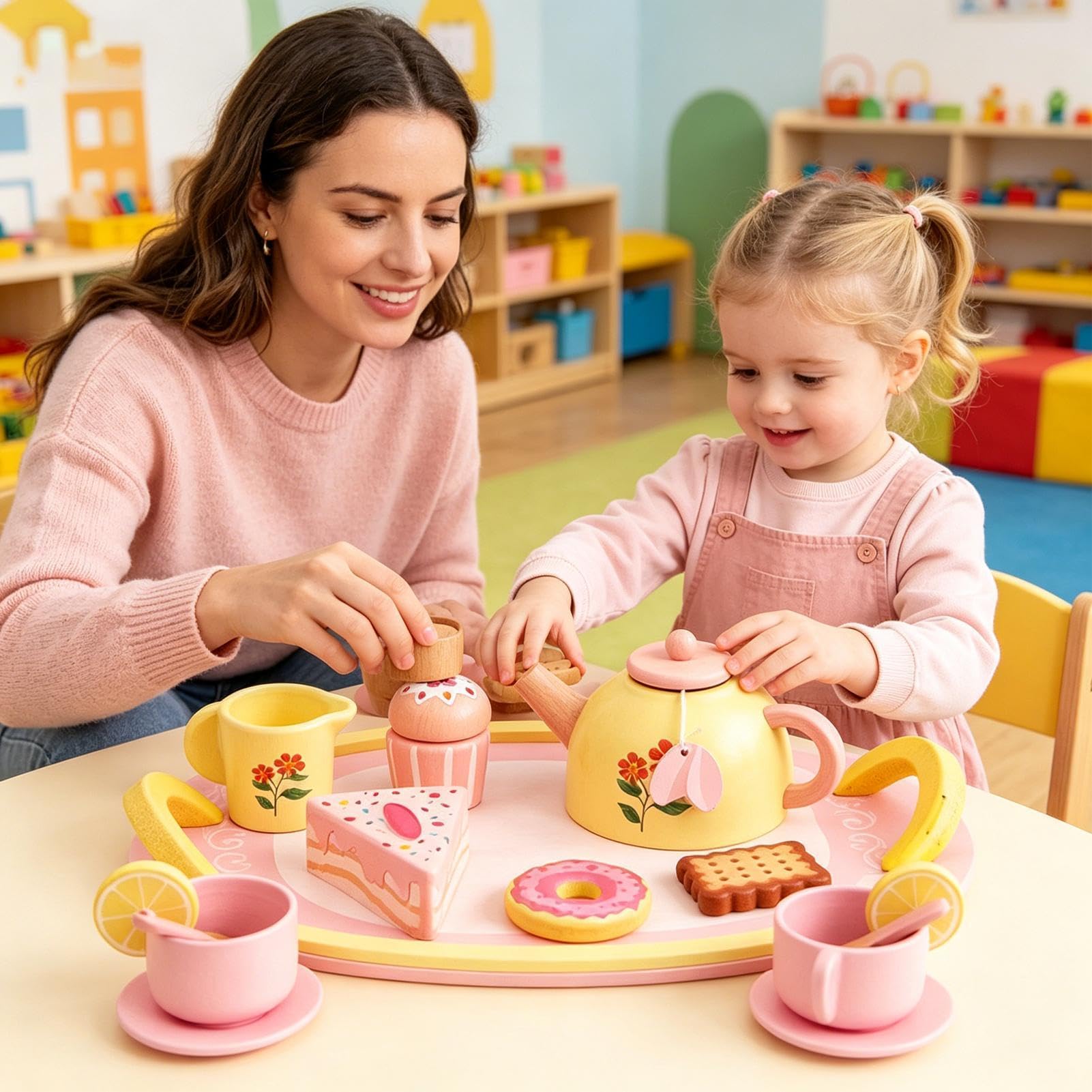 Set Tea Party Di Imitazione Con Dolci, Set Educativo 16 Pezzi