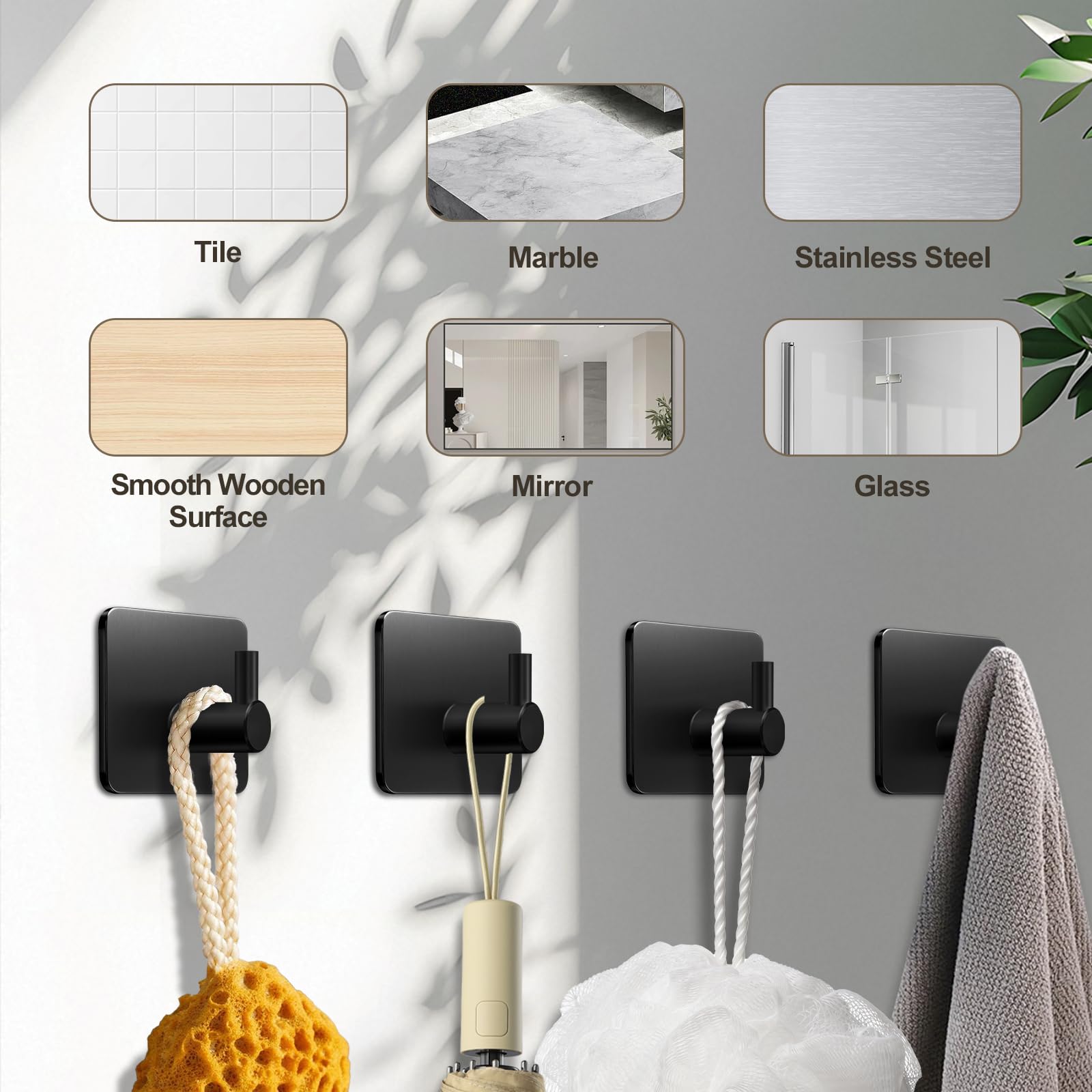 Ganchos Adhesivos para Pared Acero Inoxidable, 4 Piezas Negro, Colgadores Adhesivos, Autoadhesivo Colgador Toallas, Accesorios para Baño Extrafuertes y Sin Taladro, Multi-Uso para Llaves y Ropa