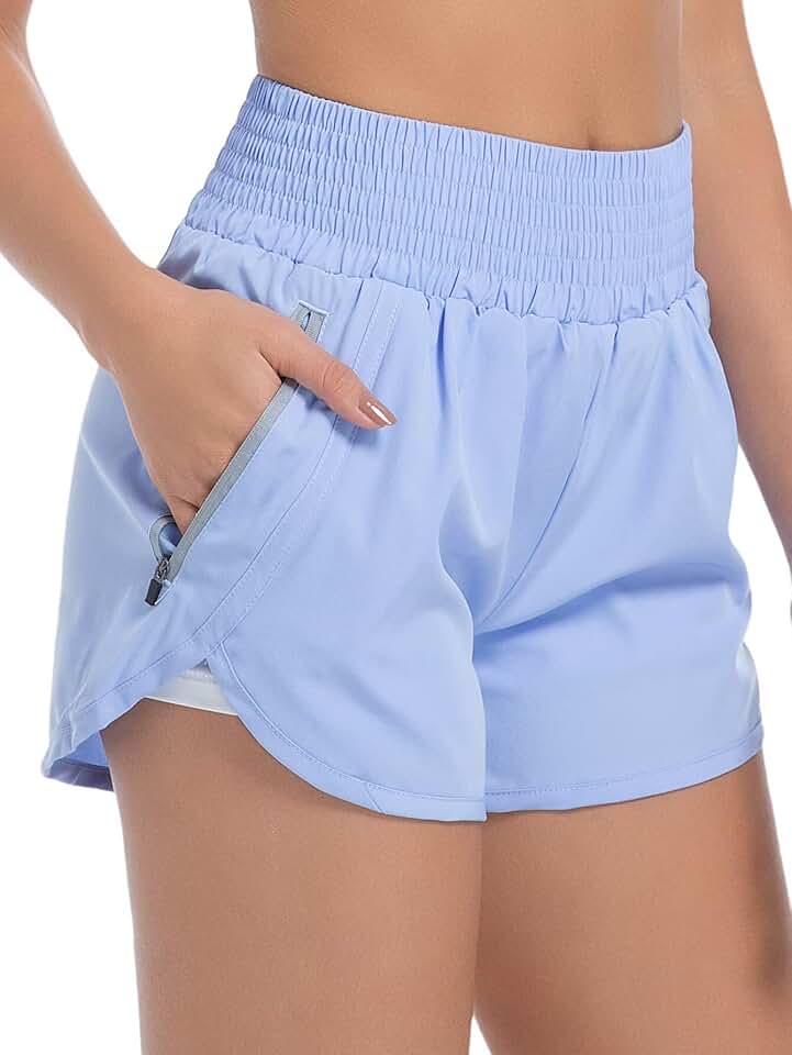Short esportivo feminino de cintura alta para corrida com bolso esportivo para academia