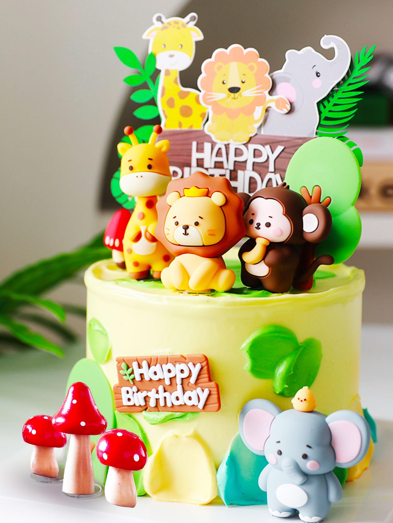 JeVenis Décorations Gâteau Thème Jungle - 4 Animaux, Panneau "Happy Birthday", Arc-en-ciel - Pour Anniversaire Enfant, Baby Shower
