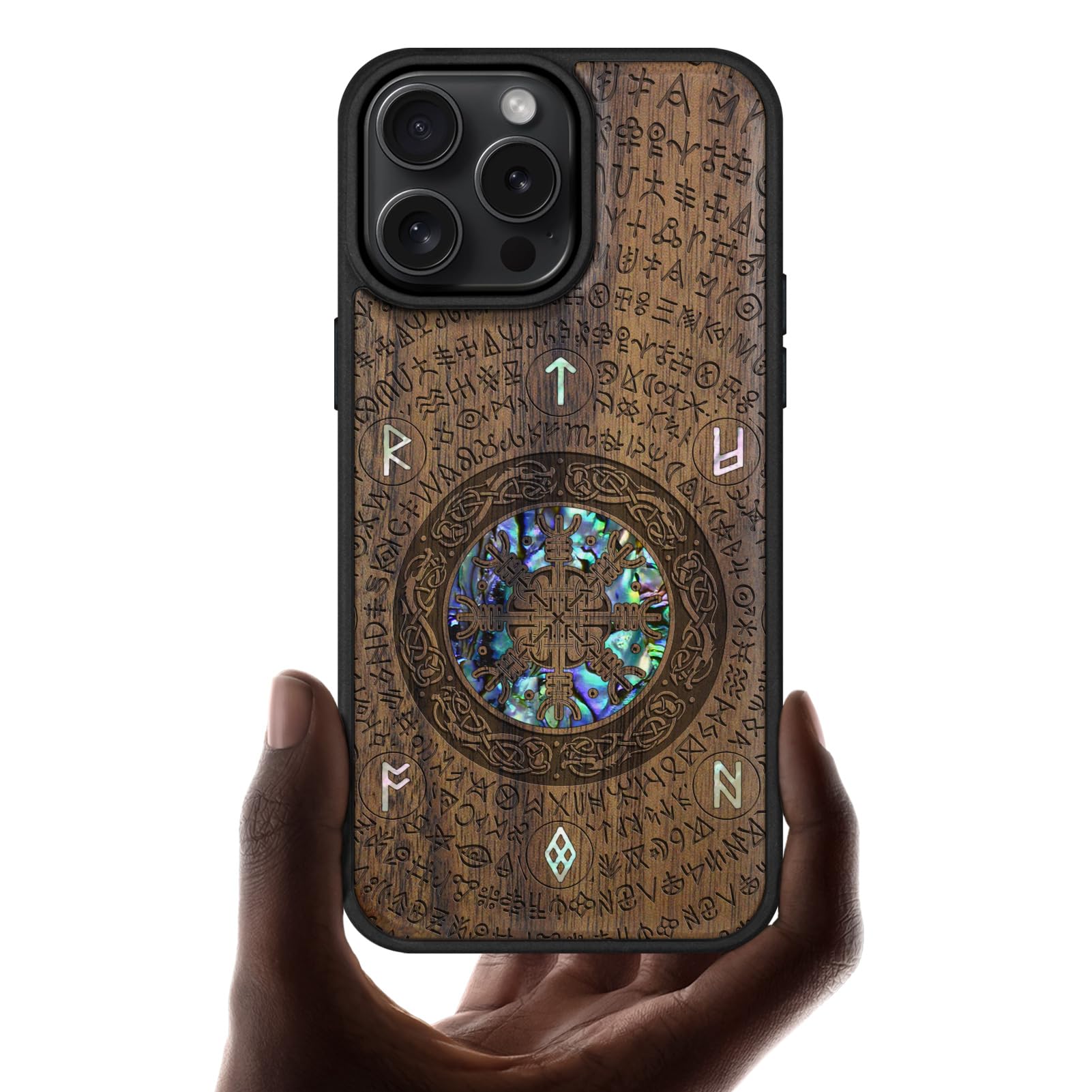 Carveit Handcrafted Case for iPhone 16 Pro Max, Viking, Walnut | iPhone 16 Pro Max Case Compatible with MagSafe Wireless Chargers, Wood Engraved & Shell Inlaid, TPU Shockproof Bumper Viking-Walnut