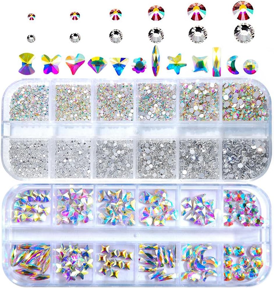 3456Pcs Round Crystals AB Nail Art Rhinestones and 120Pcs AB Glass Nail Gems Multi-Shape Nail Art Jewelry Set of 2