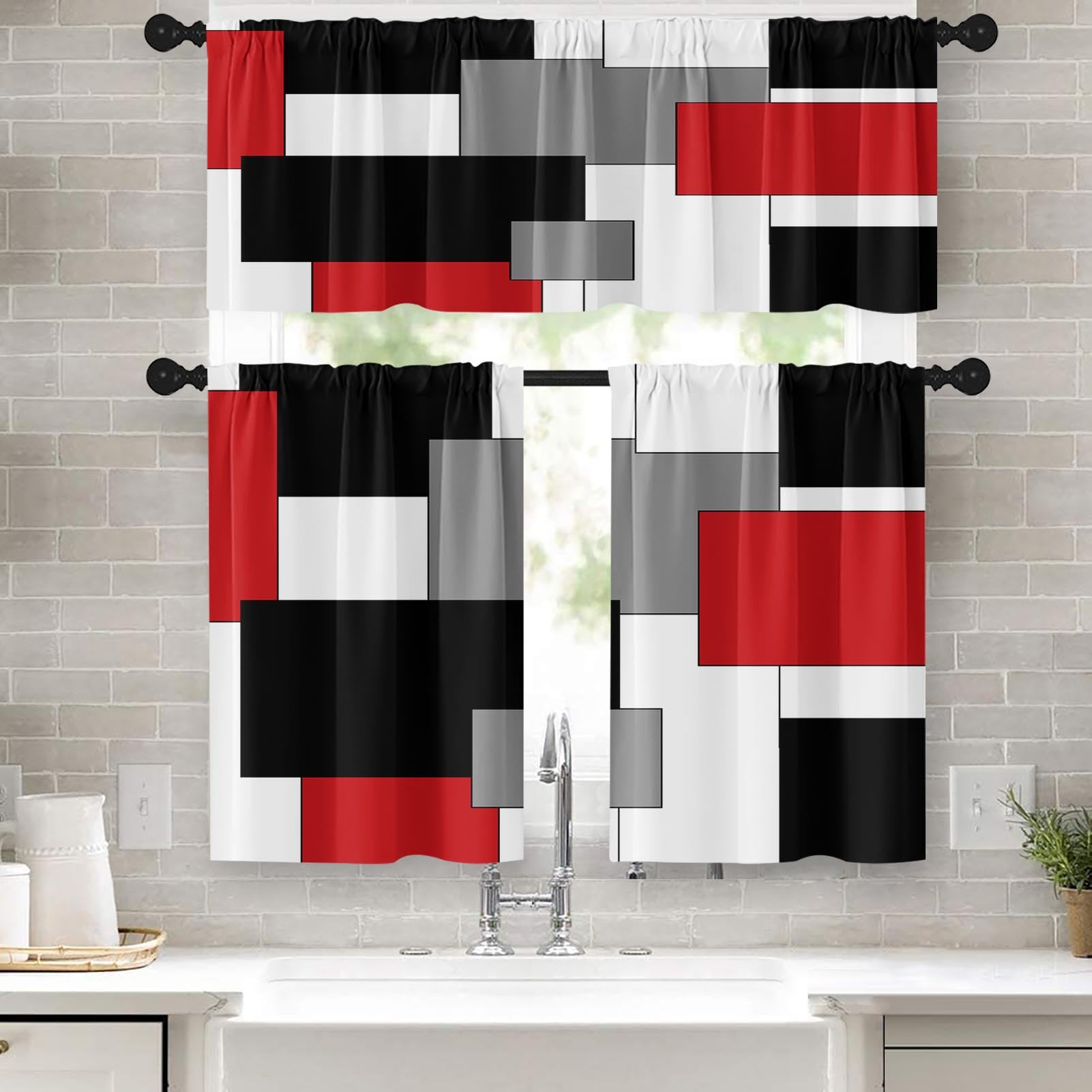 Tayney Red Kitchen Window Curtains Valance and Tier Set 36 Inch, Black Grey Modern Rod Pocket Short Tier Curtain for Bathroom, Abstract Art Small Cafe