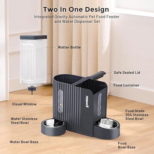 Miniatura 2 de Alimentador de gravedad para gatos y dispensador de agua con cuencos de acero inoxidable 304, alimentador automático 2 en 1 para gatos con cuenco de