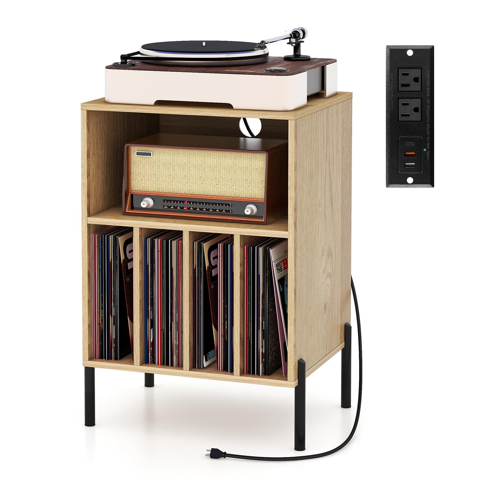 GIANTEX Meuble Tourne-Disque Vinyle avec 2 Ports USB et 5 Compartiments, Support pour 150 Albums, Meuble de Rangement Na