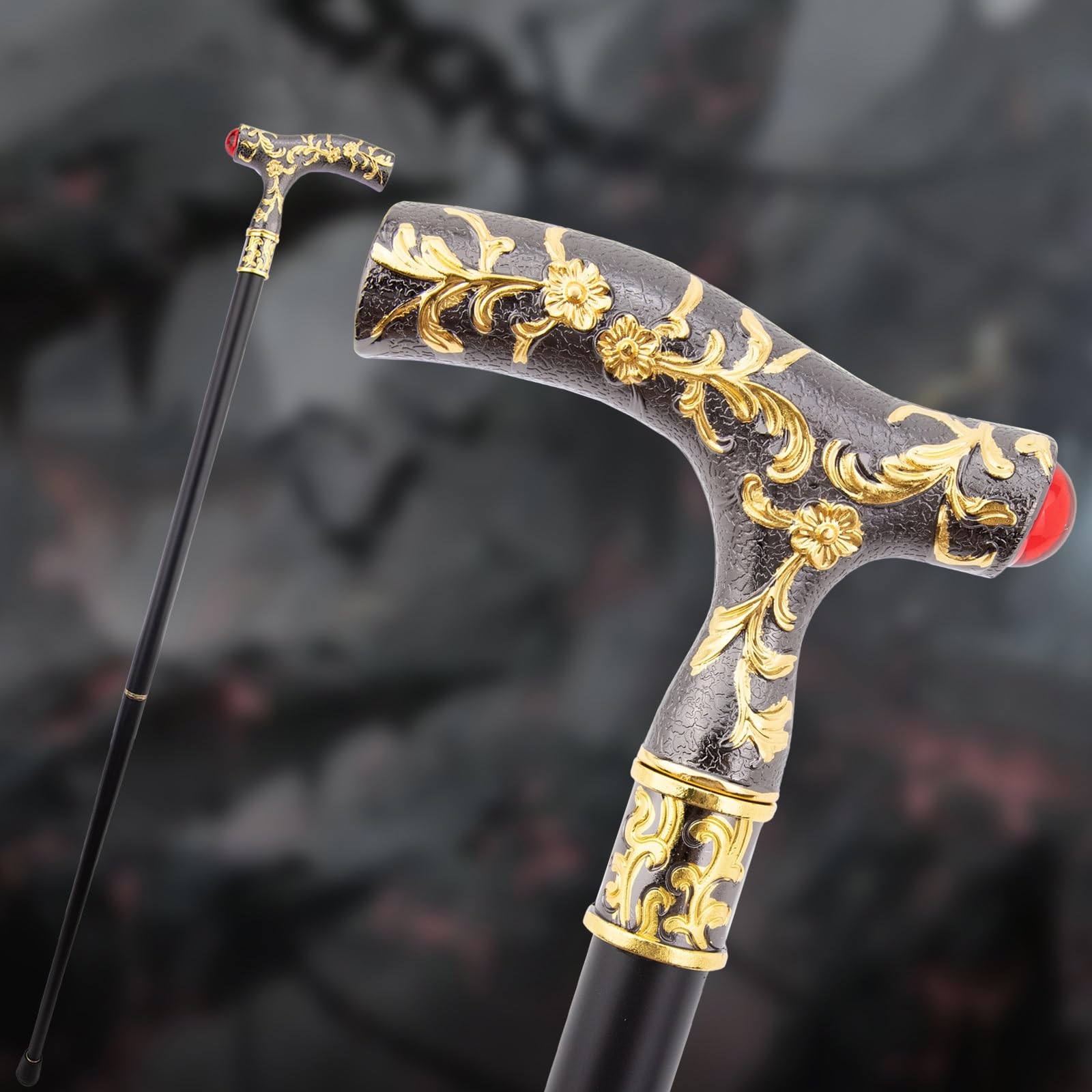 Bastón con Detalles en Negro, Dorado y Cuentas Rojas, Bastón de Lujo para Hombre y Mujer Antideslizante Desmontable, para Cosplay o Fiestas 92 Cm